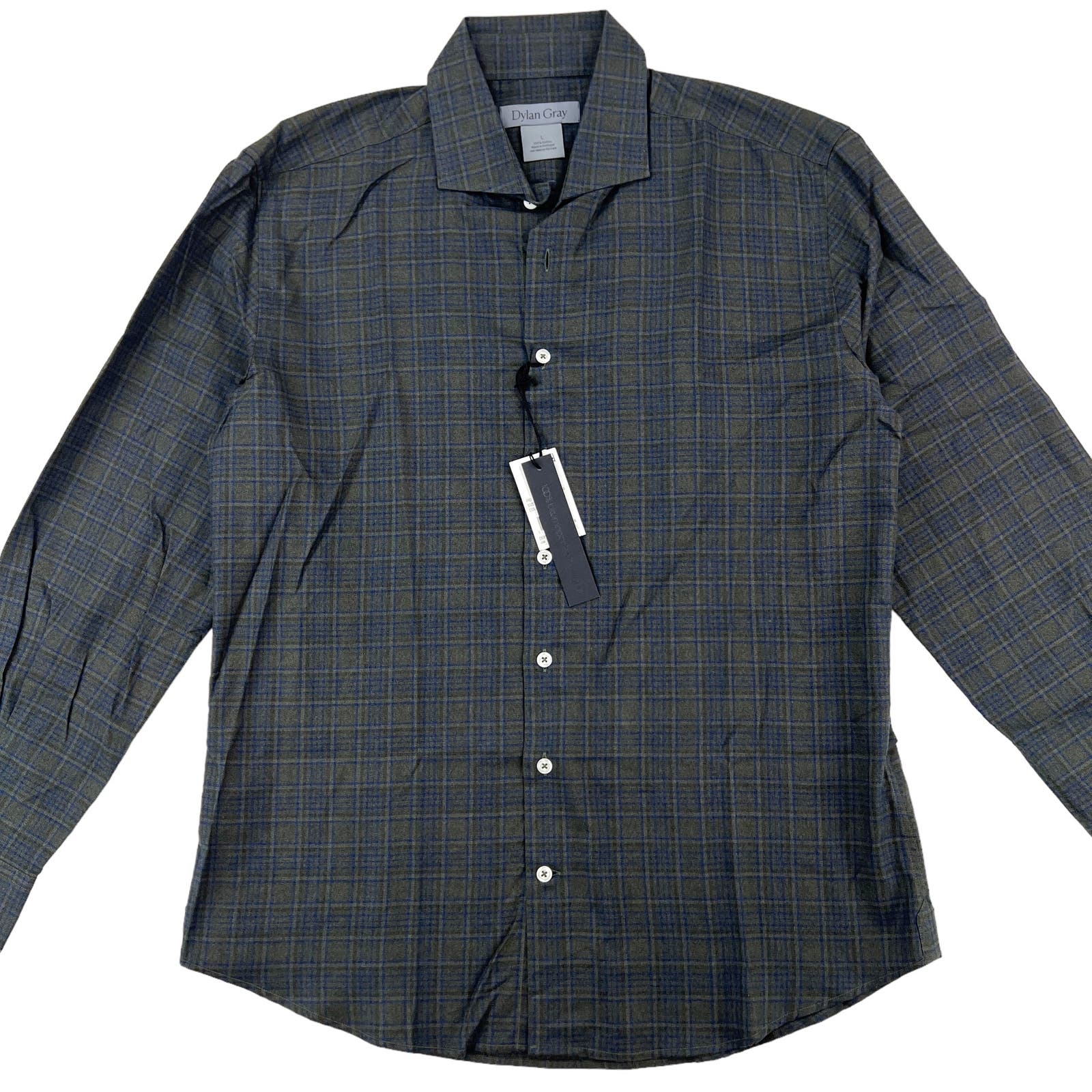 Dylan Gray Men Gray Olive Plaid Button Down US L Long Sleeve