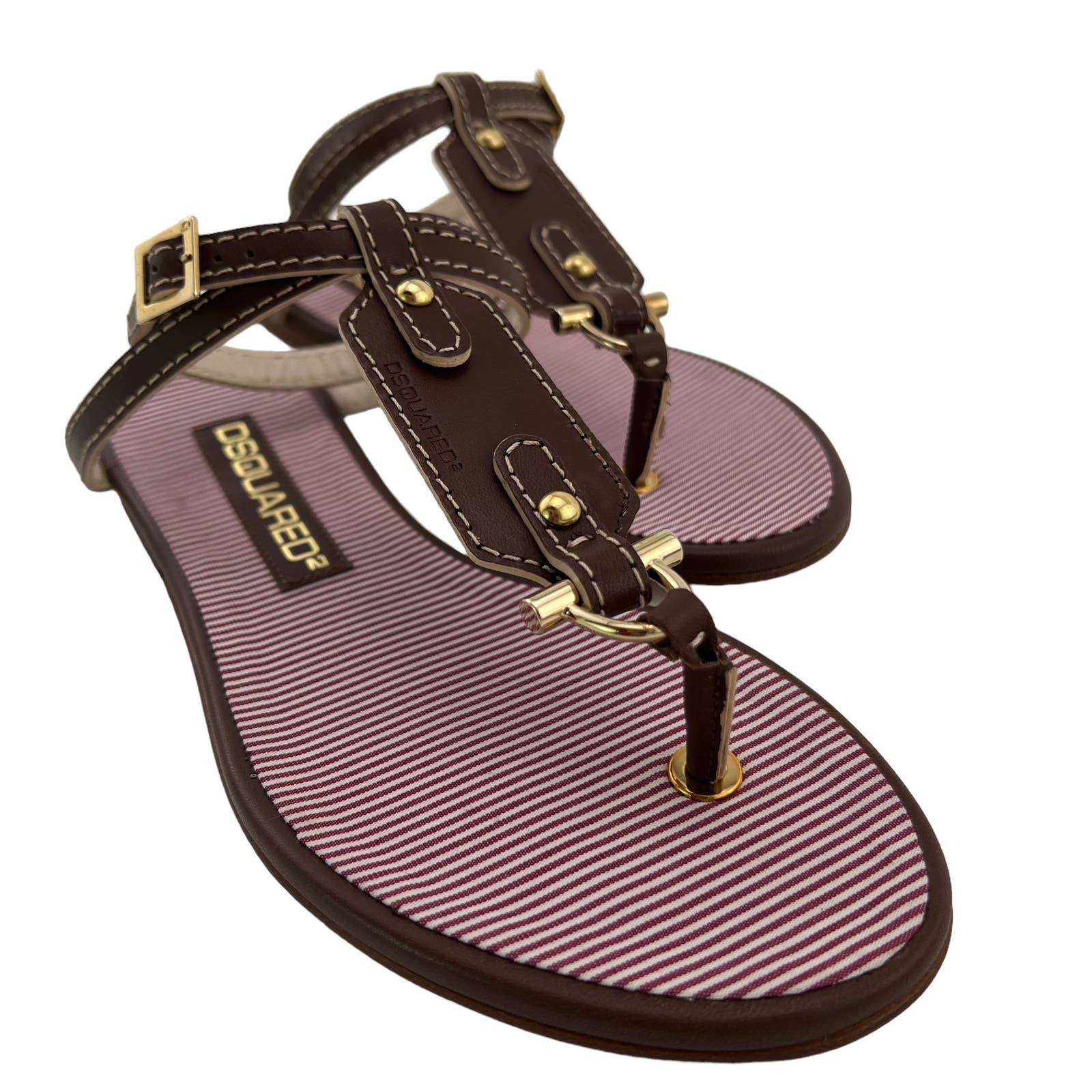 Dsquared2 Women US 6 Gold Brown Leather T-Strap Flat Thong Sandals