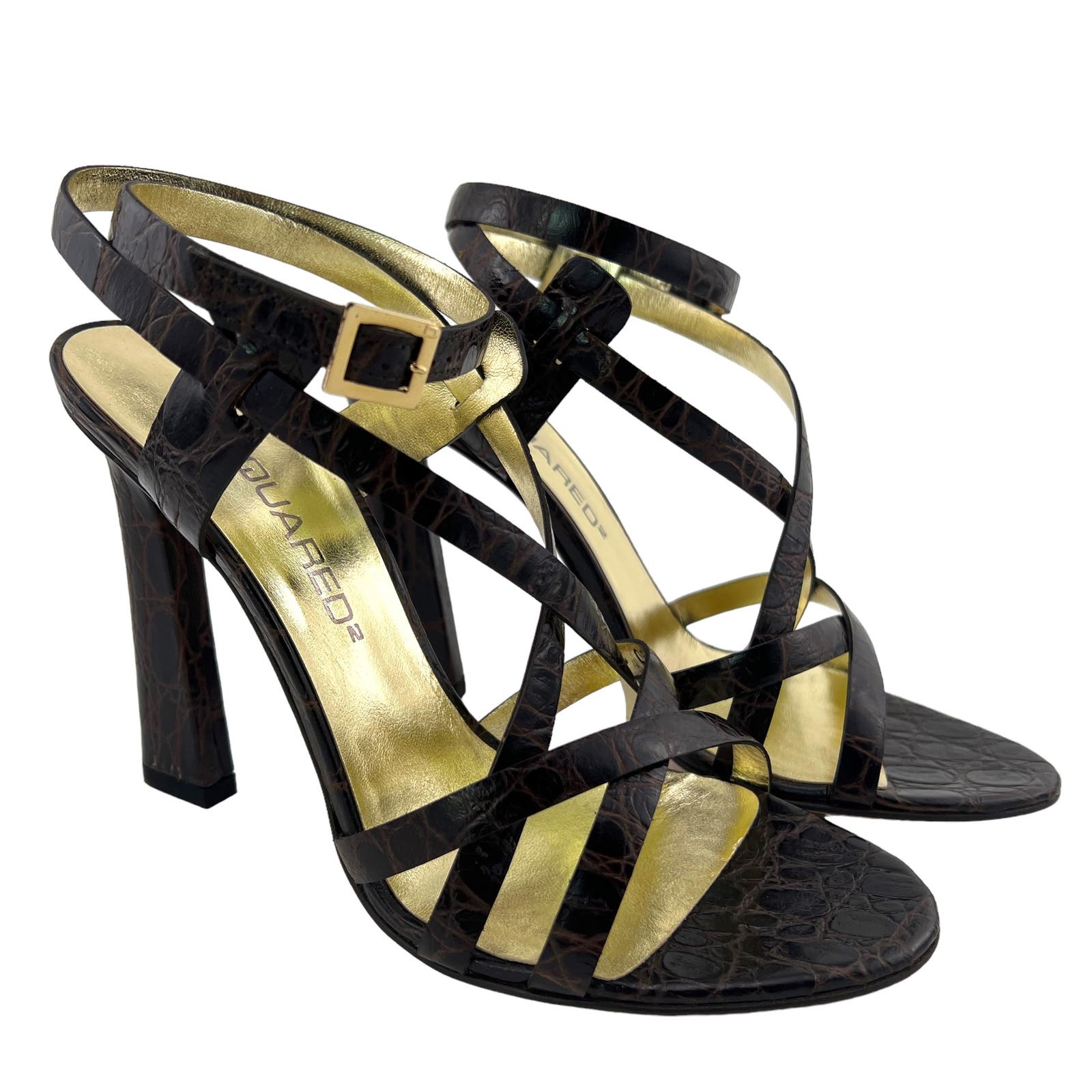 Dsquared2 US 8 Brown Crocodile Embossed Leather Slim High Heel Sandals