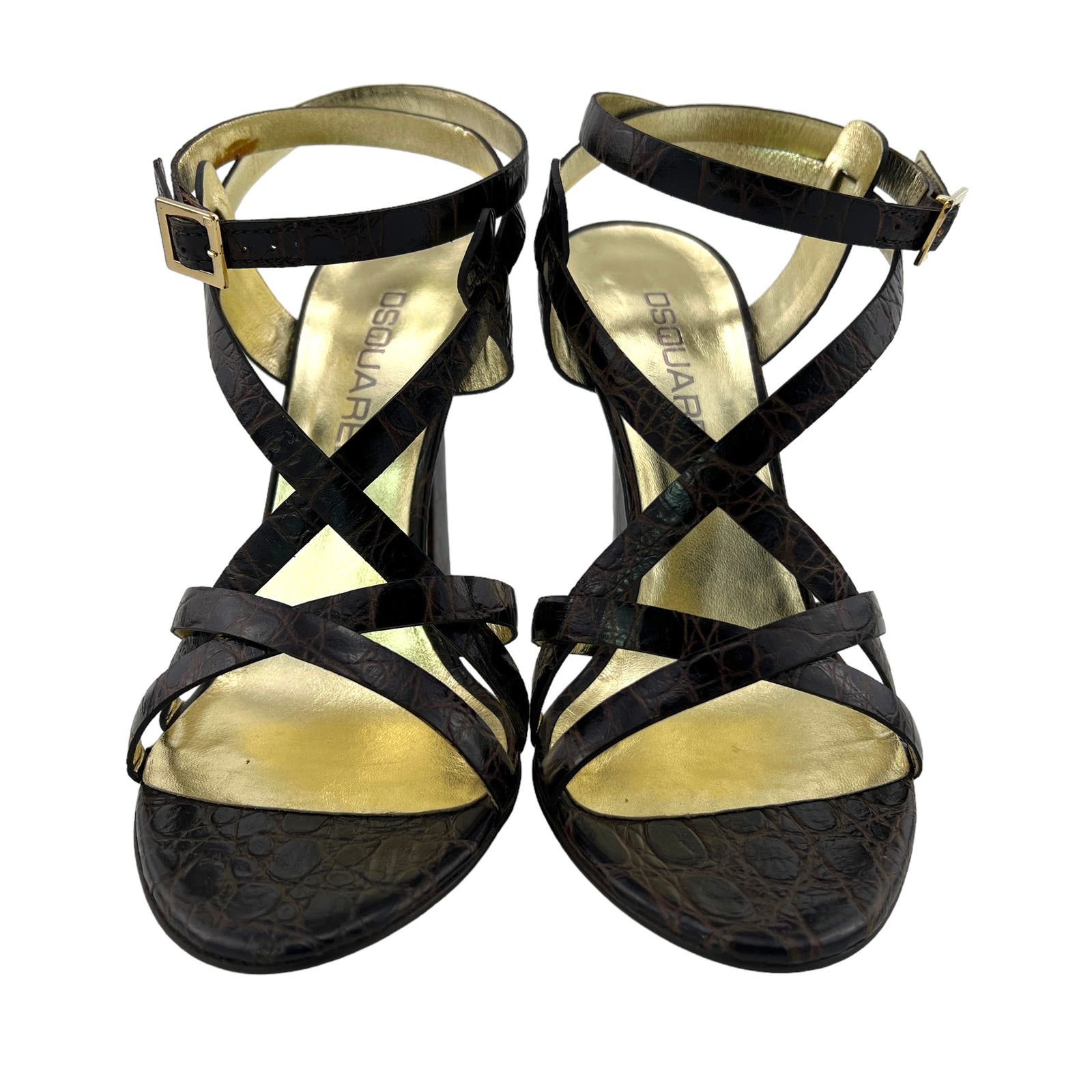 Dsquared2 US 8 Brown Crocodile Embossed Leather Slim High Heel Sandals