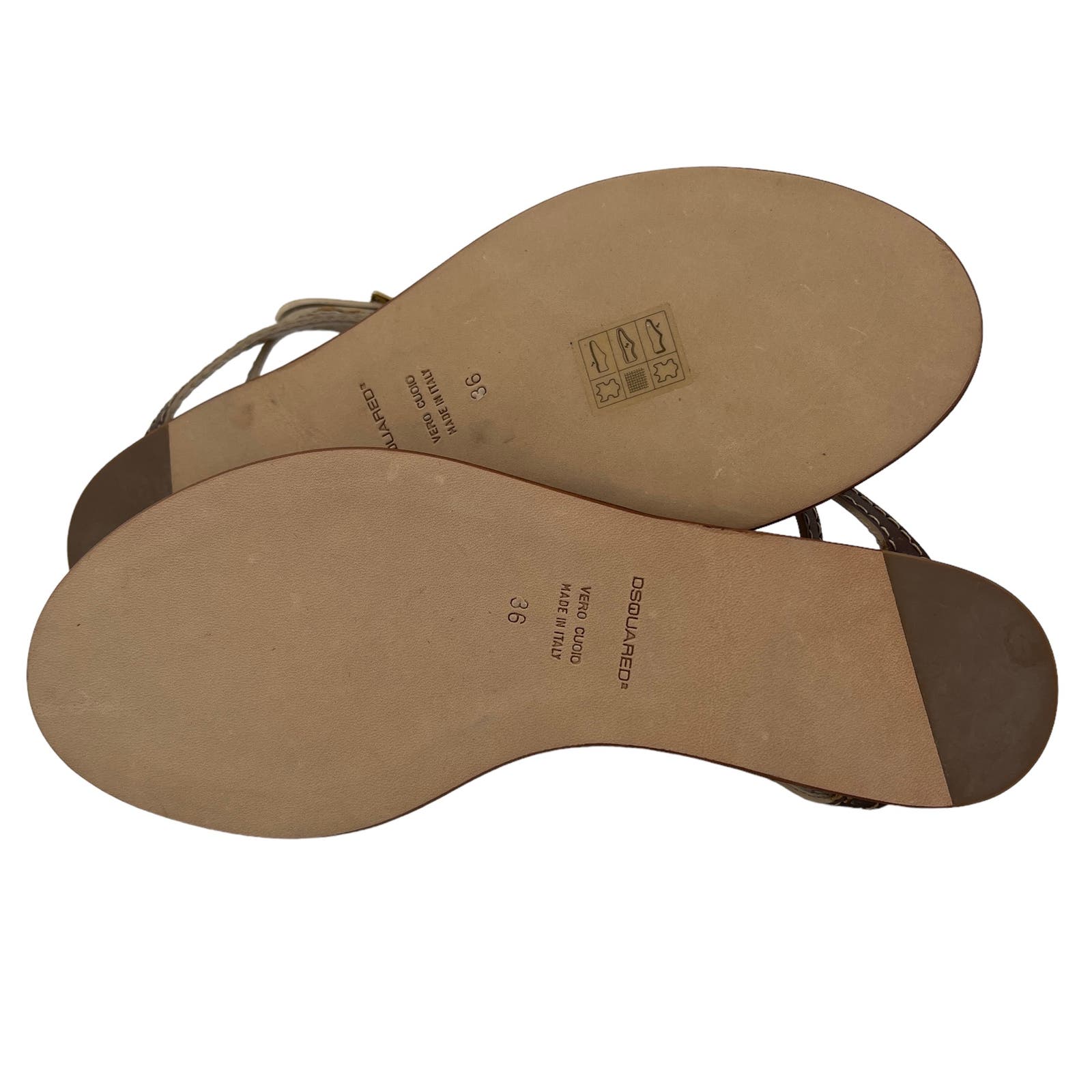 Dsquared2 Women US 6 Gold Brown Leather T-Strap Flat Thong Sandals
