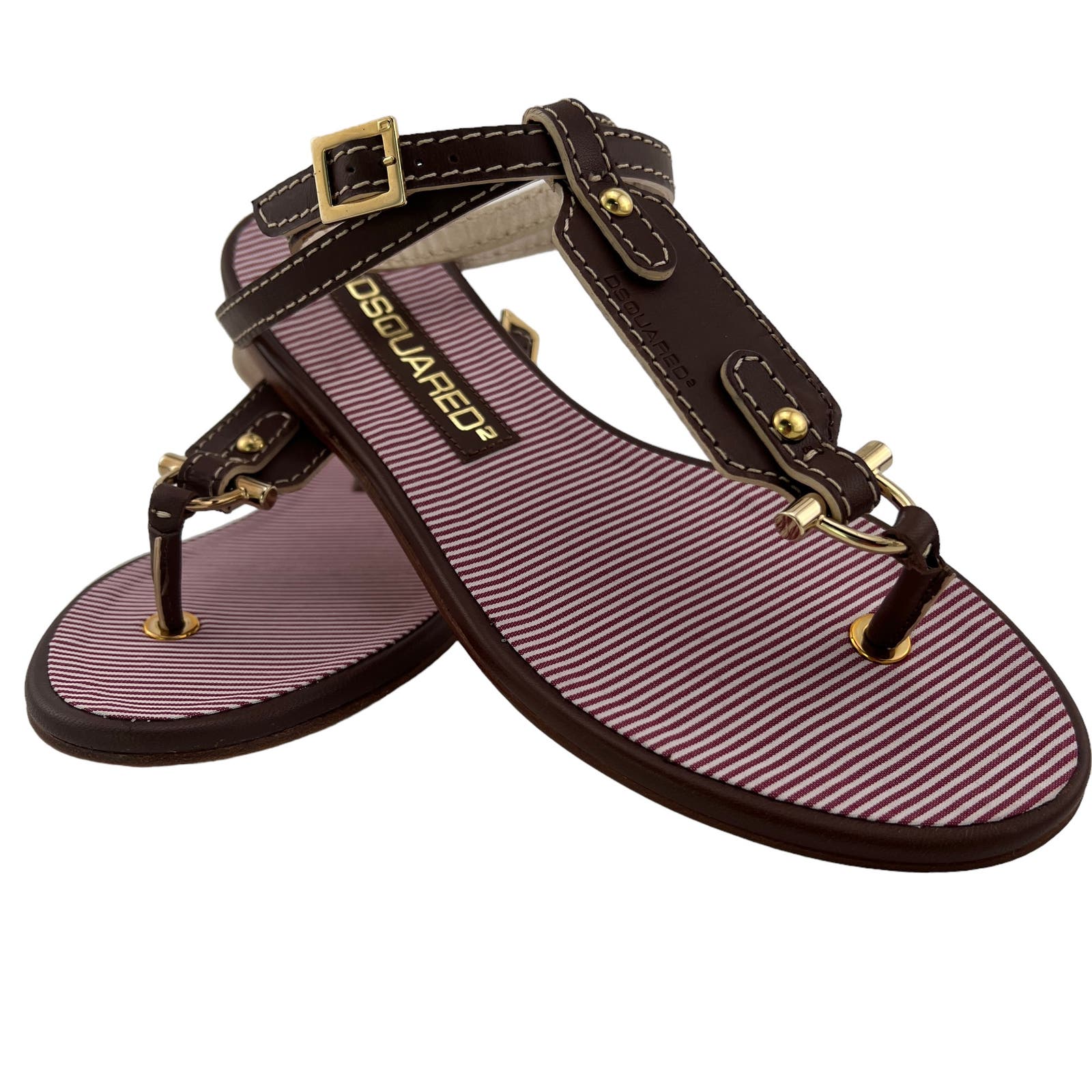 Dsquared2 Women US 6 Gold Brown Leather T-Strap Flat Thong Sandals
