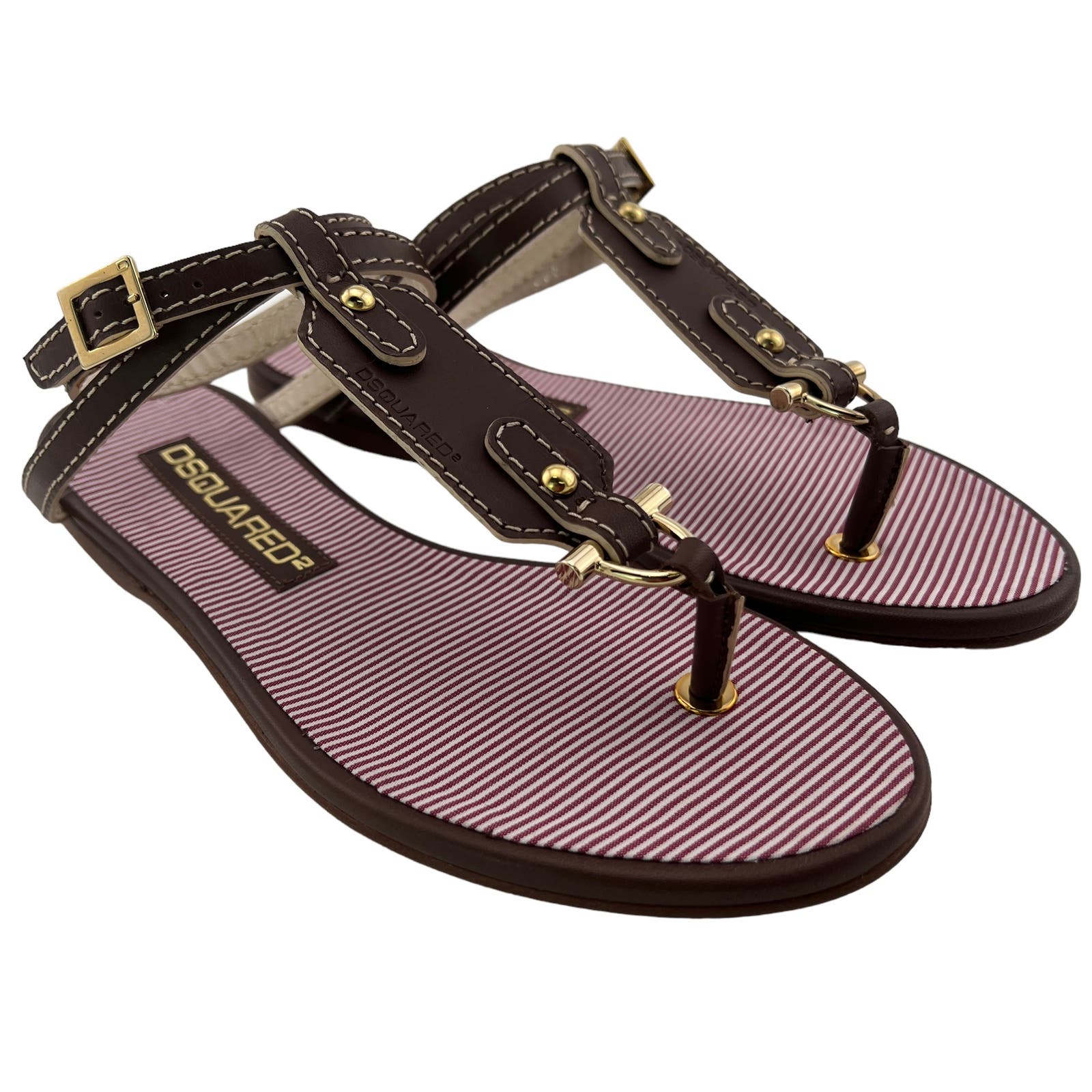 Dsquared2 Women US 6 Gold Brown Leather T-Strap Flat Thong Sandals