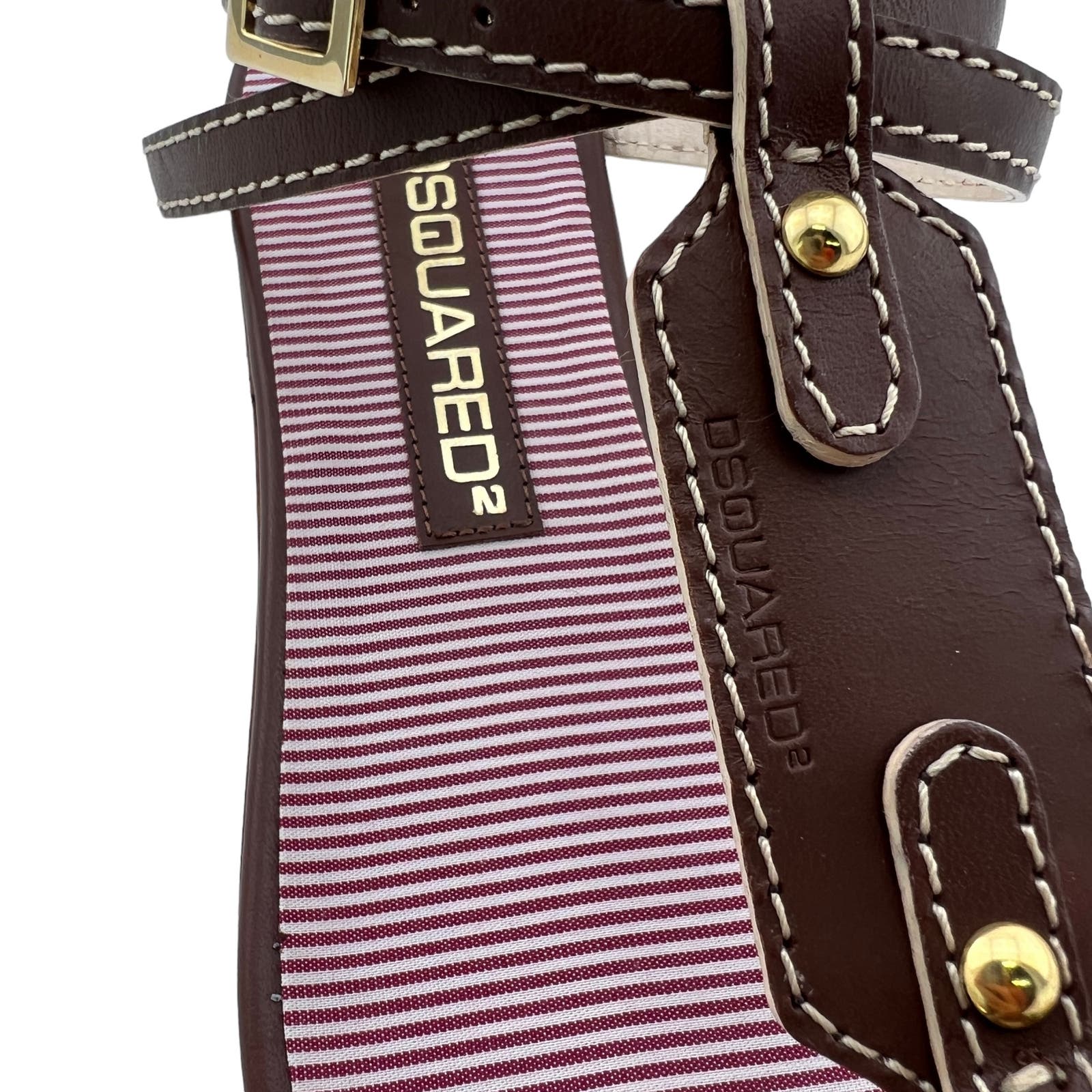 Dsquared2 Women US 6 Gold Brown Leather T-Strap Flat Thong Sandals