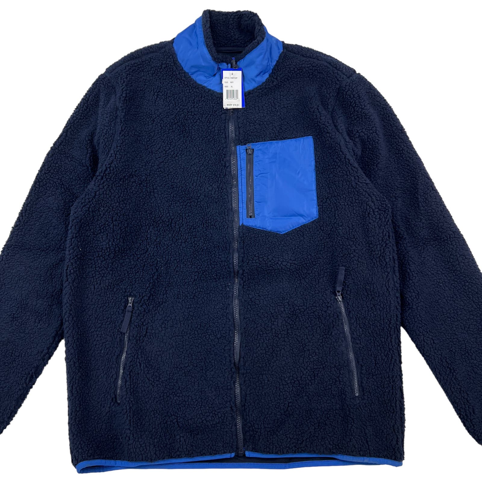 Pacific & Park Men Navy Teddy Full Zip Jacket US XL Colorblocker Pocket