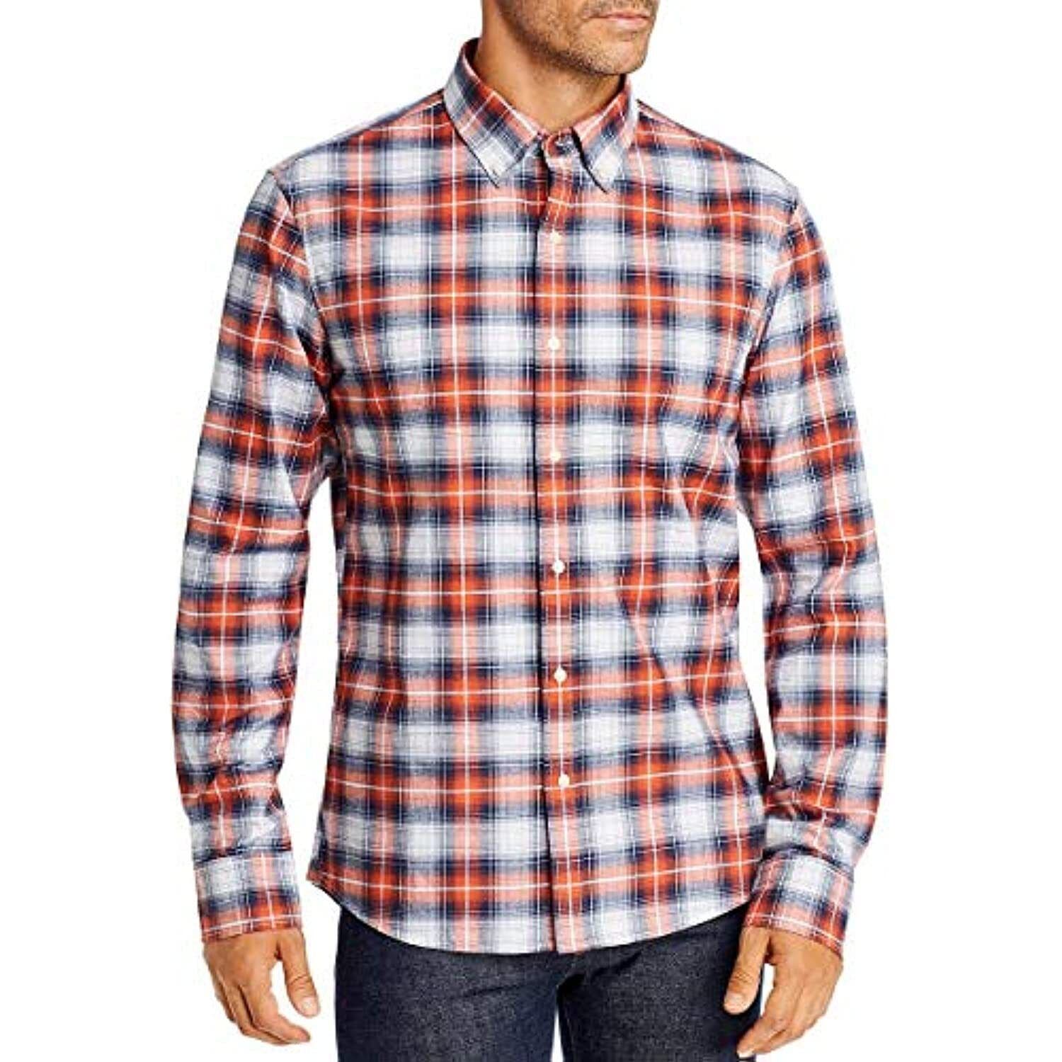 Michael Kors Men White Gray Orange Plaid US XXL Button Down Long Sleeve