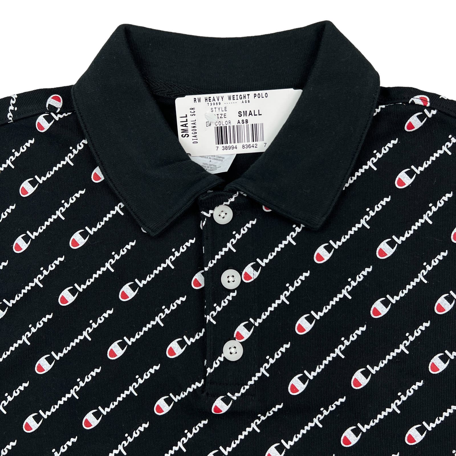 Champion Men Black Polo US S Short Sleeve White Logo Pattern