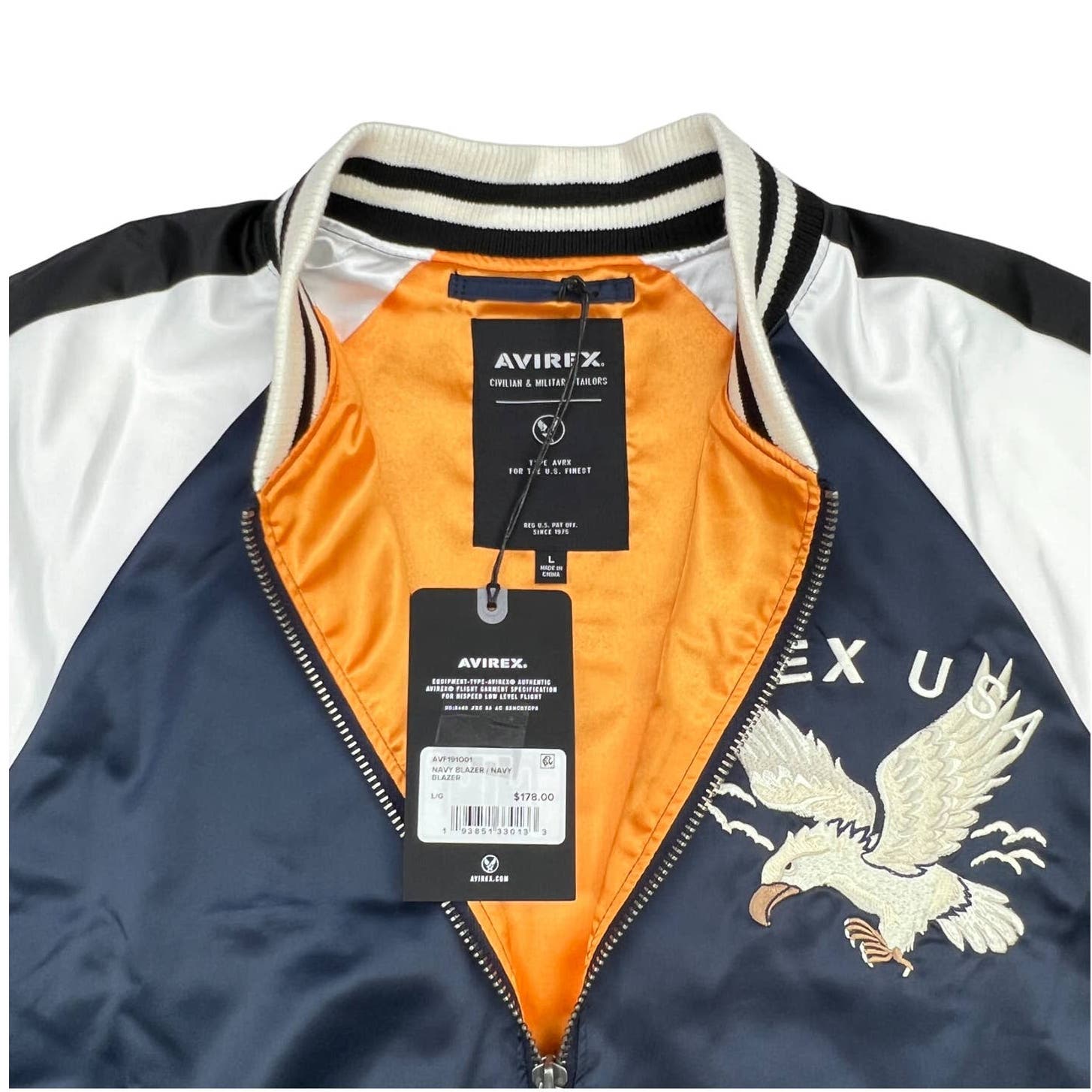 Avirex Civilian Military Tailors Men US L Jacket Full Zip Front Navy White Blazer
