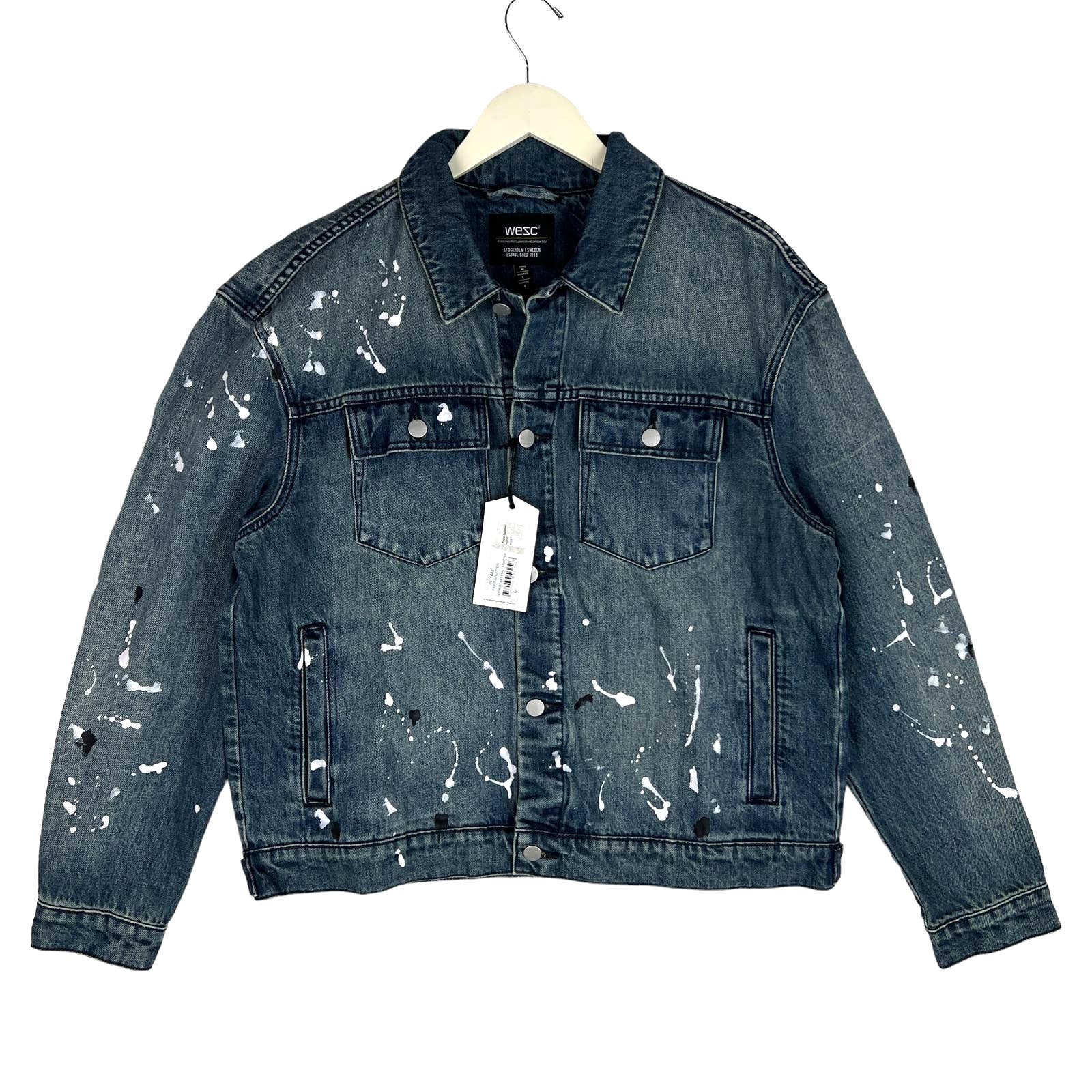 WeSC Unisex Jacket US M Men / US L Women White Paint Splatter Blue Denim
