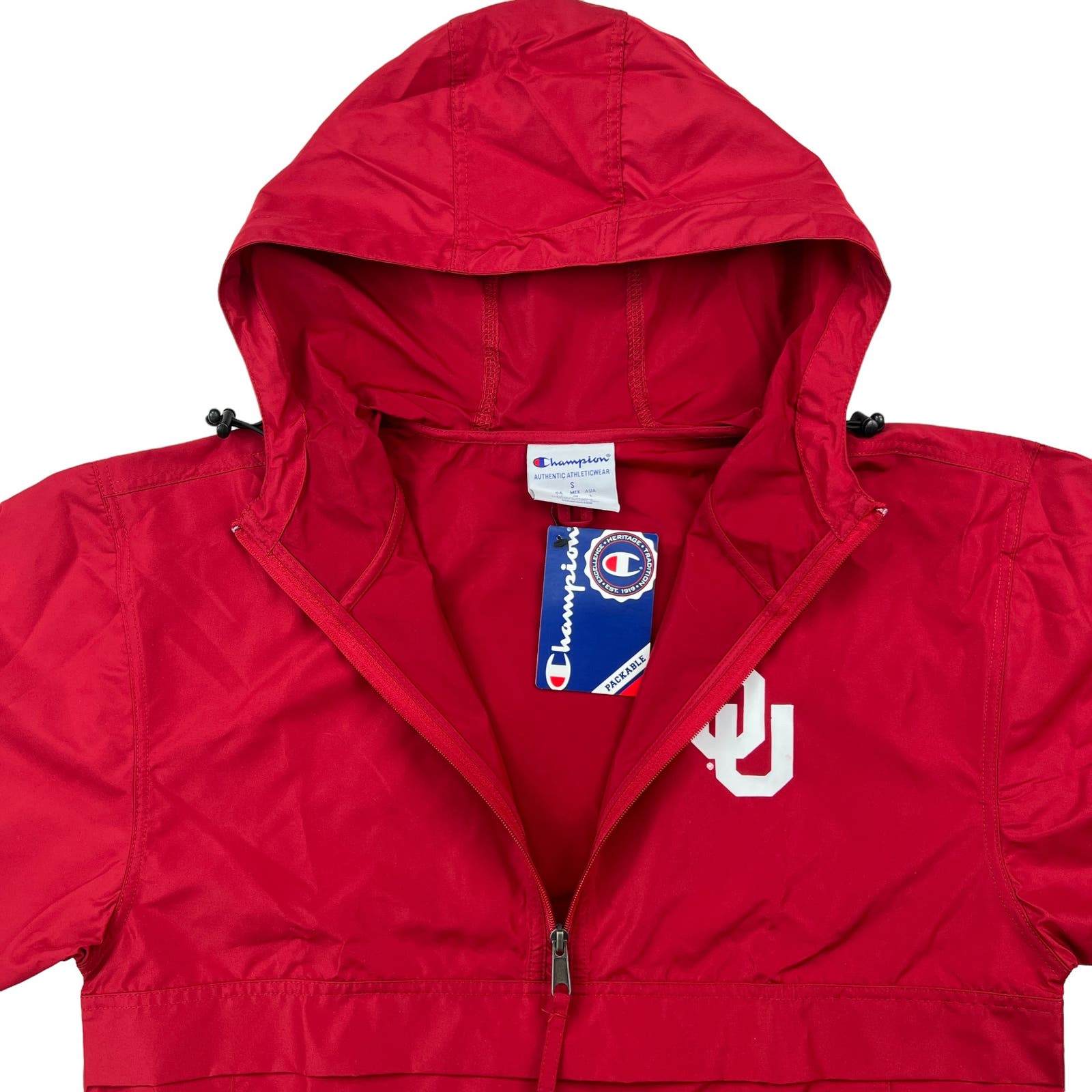 Champion Men Red Packable Jacket US S Lightweight Hooded Windbreaker