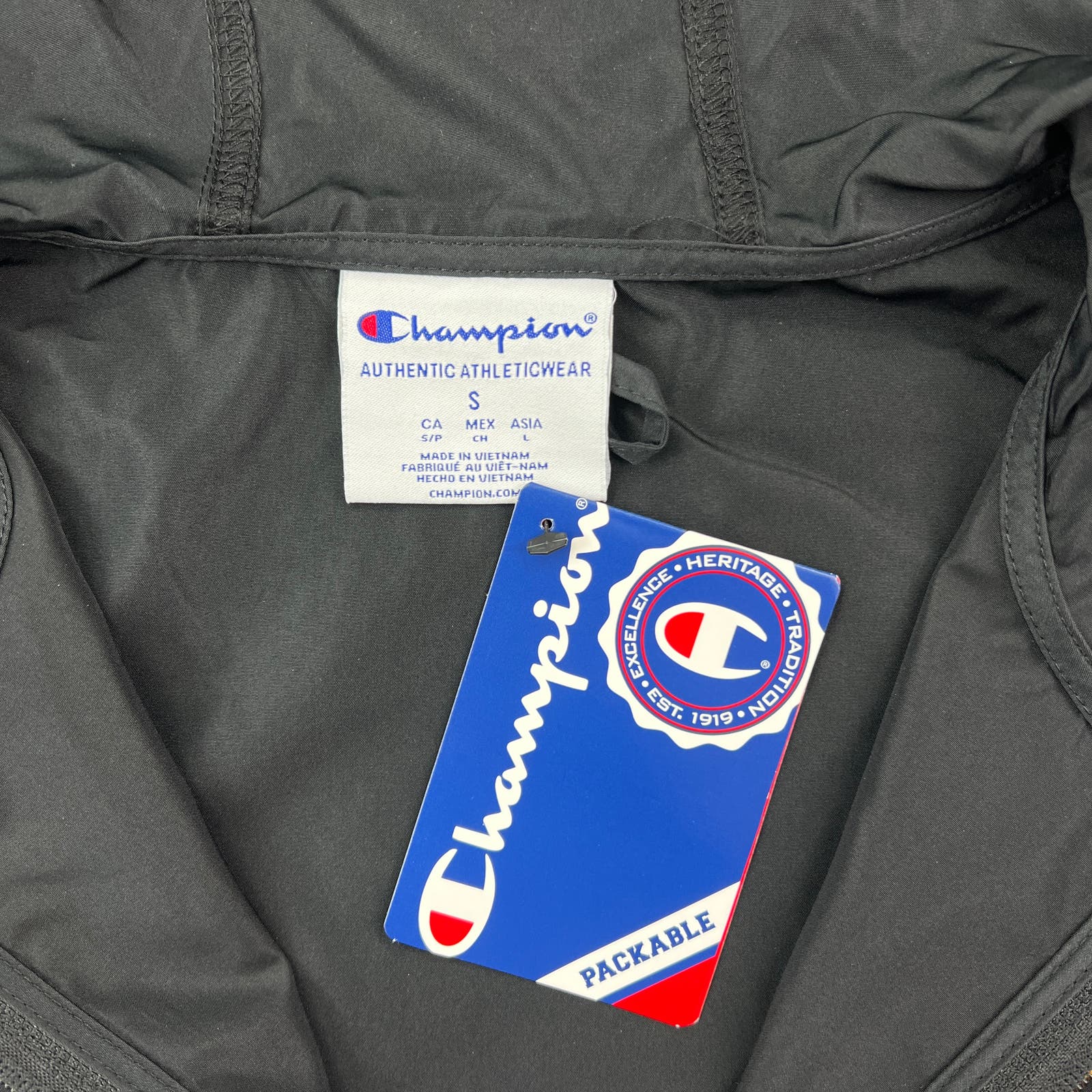 Champion Men Black Jacket US S Lightweight Windbreaker Hood Anorak