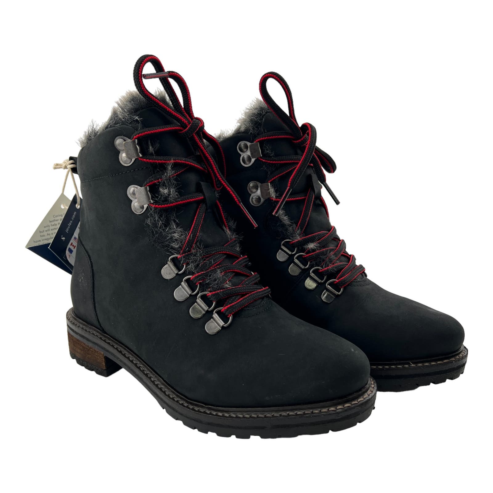 Joules Women US 5 Black Leather Faux Fur Hiking Ankle Snow Boots