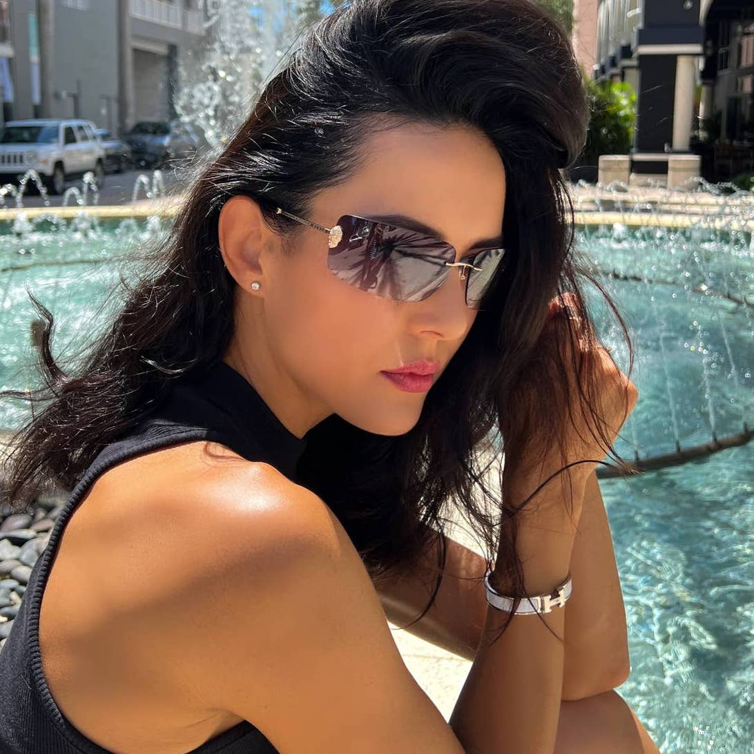 Women Titanium Rimless Sunglasses SPP027S-0300 Gray & Gold Rectangle