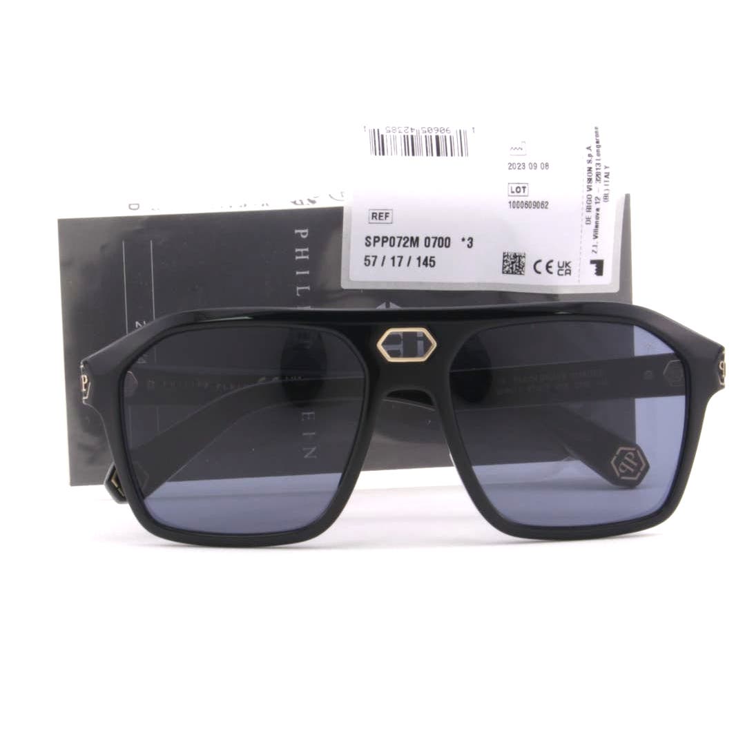 Men Designer Sunglasses SPP072M-0700 Black Square Frame Blue Lens