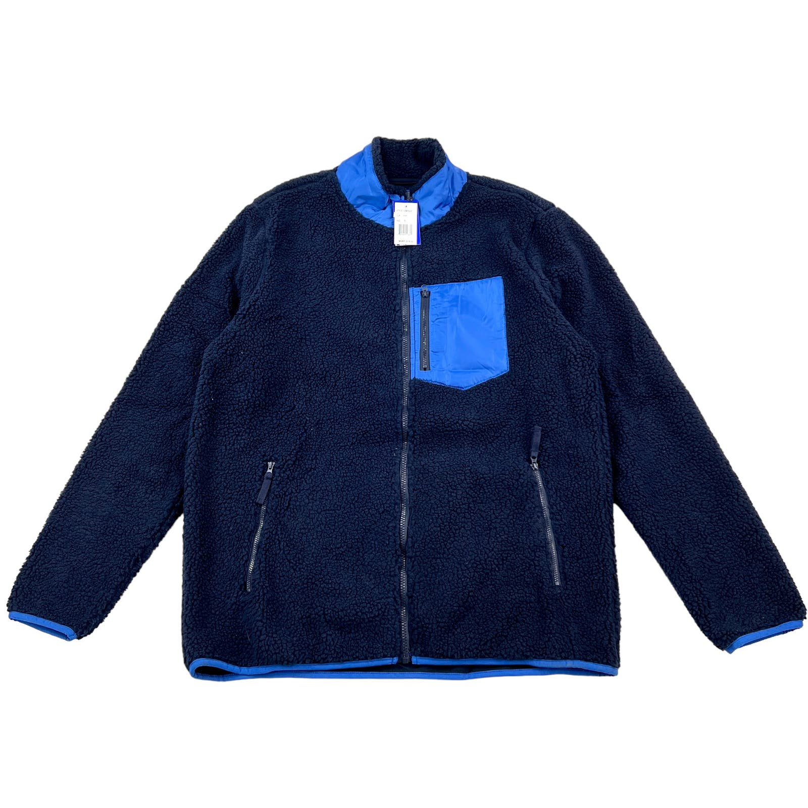 Pacific & Park Men Navy Teddy Full Zip Jacket US XL Colorblocker Pocket