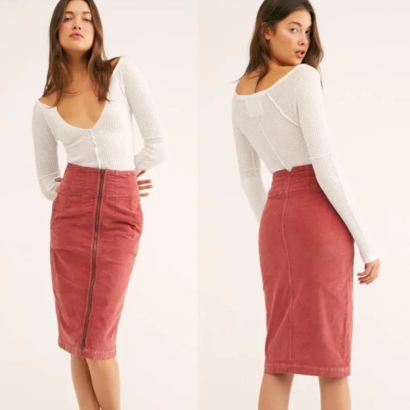 Free People Women Red Pencil Skirt US 24 Zipped Midi Corduroy