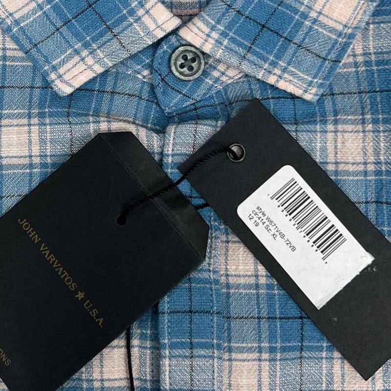 John Varvatos Men Blue White Plaid Shirt US XL Long Sleeve Button Down