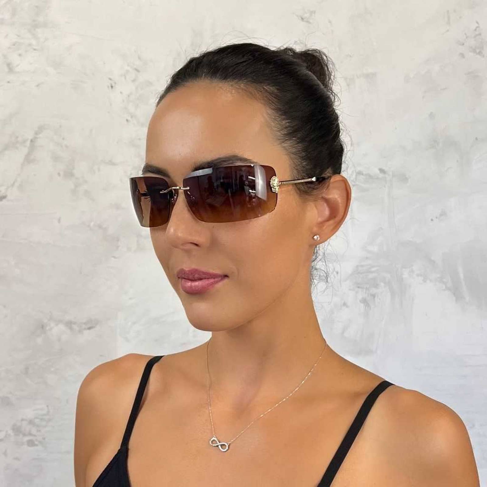 Women Titanium Rimless Brown Sunglasses SPP027S-300Y