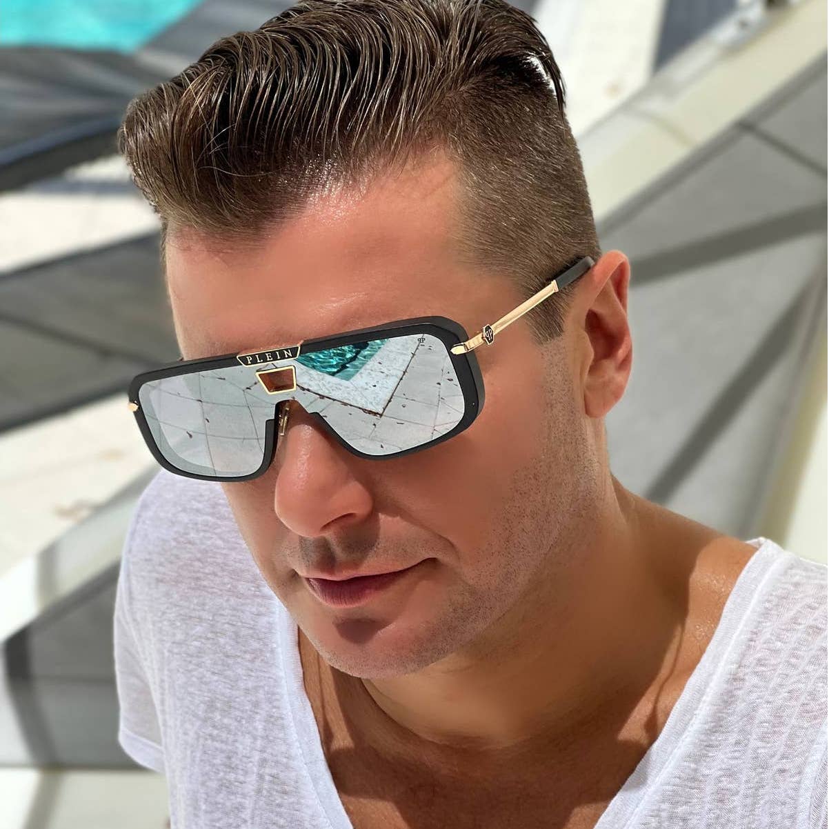 Men Square Shield Black Gold Sunglasses SPP008M-703X