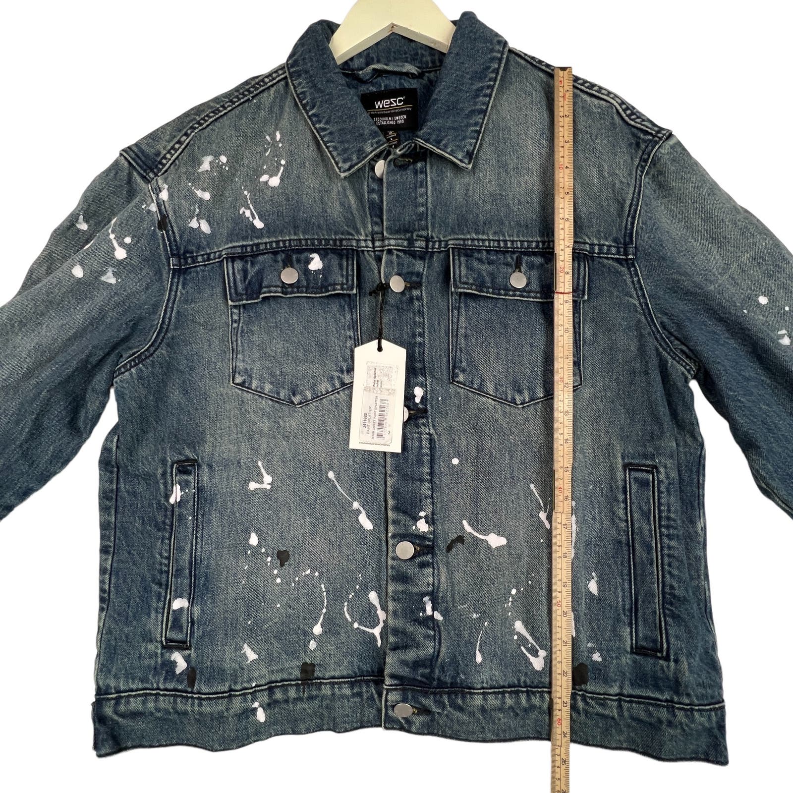 WeSC Unisex Jacket US M Men / US L Women White Paint Splatter Blue Denim