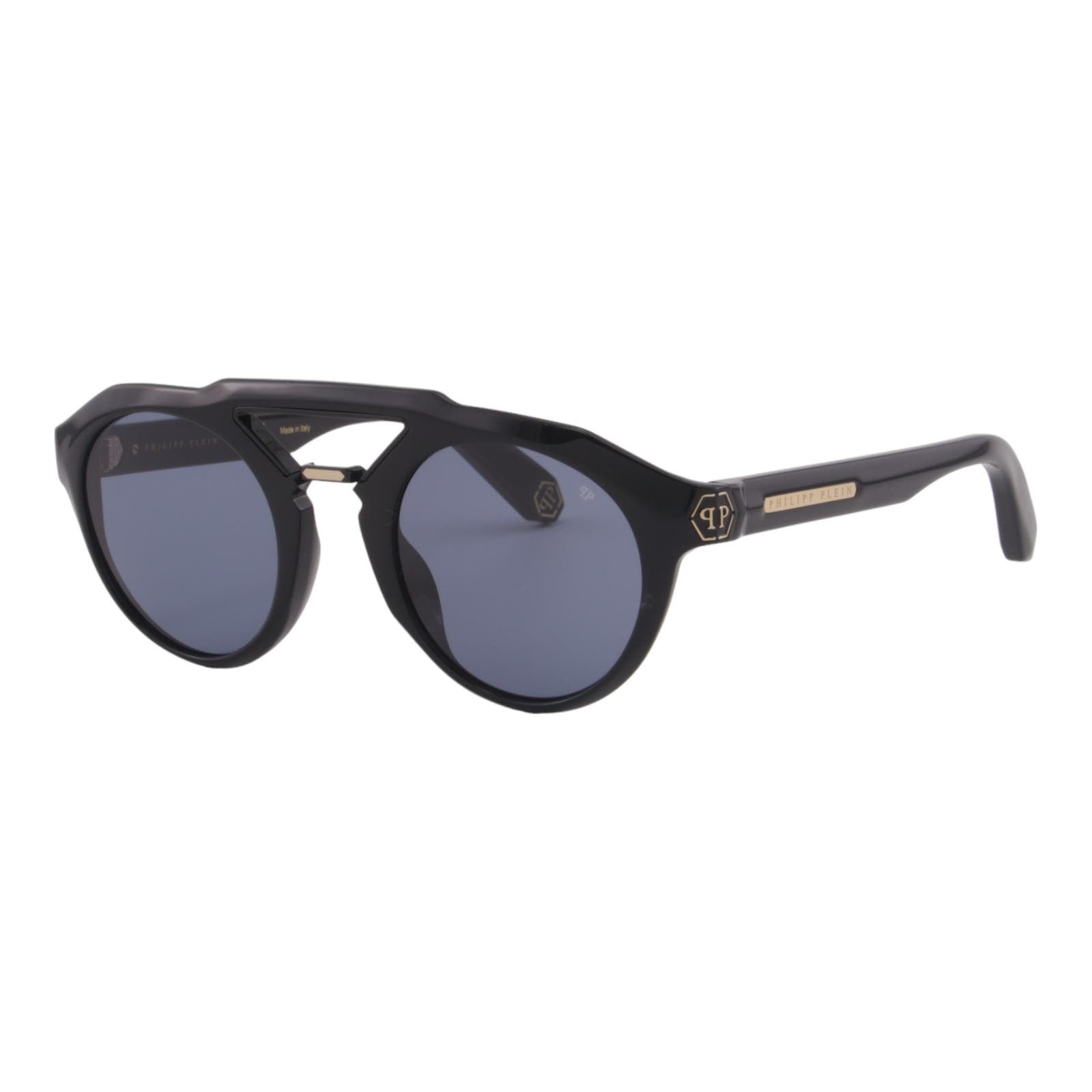 Men Designer Sunglasses SPP045M-0700 Black Full Rim Round Frame Blue Lens