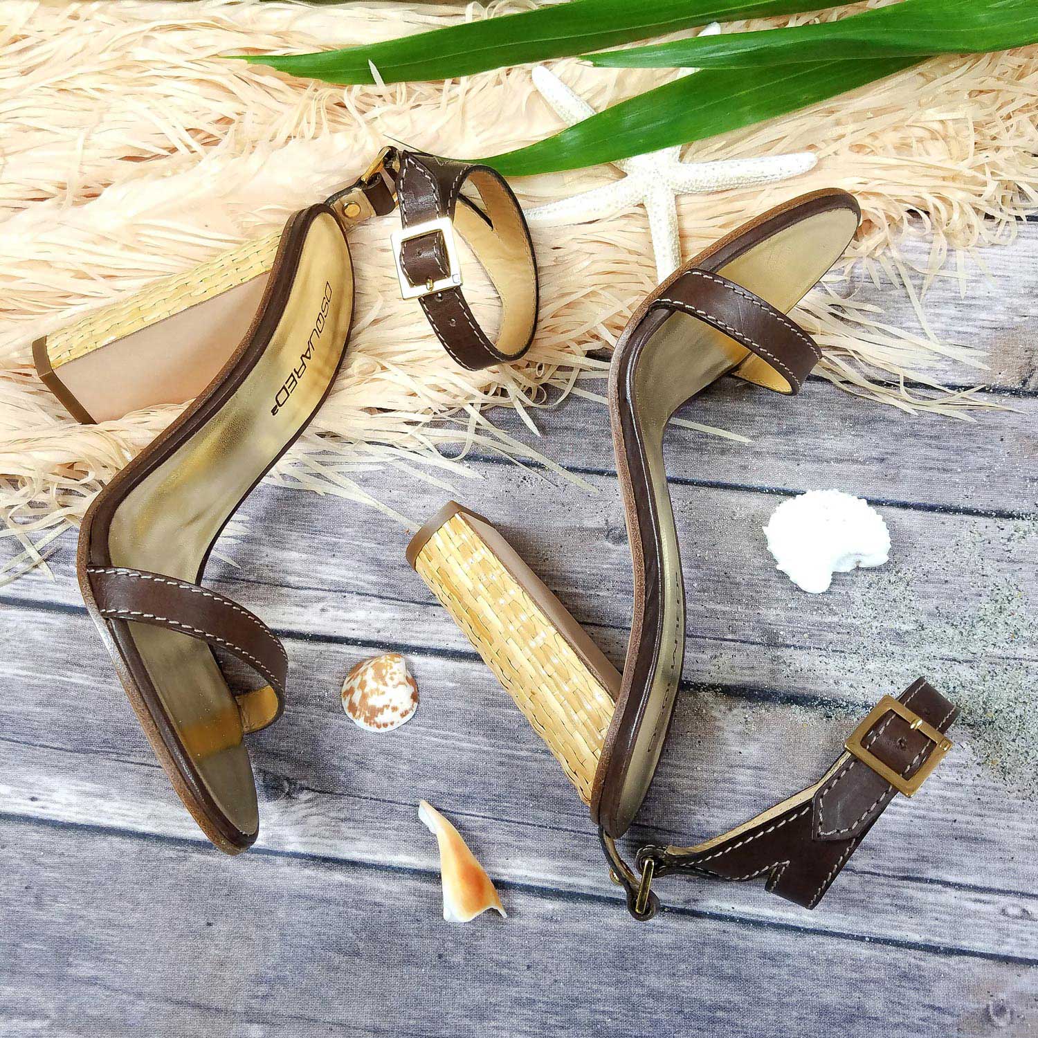 DSQUARED2 Women US 8 Brown Gold Leather Block Heel Ankle Strap