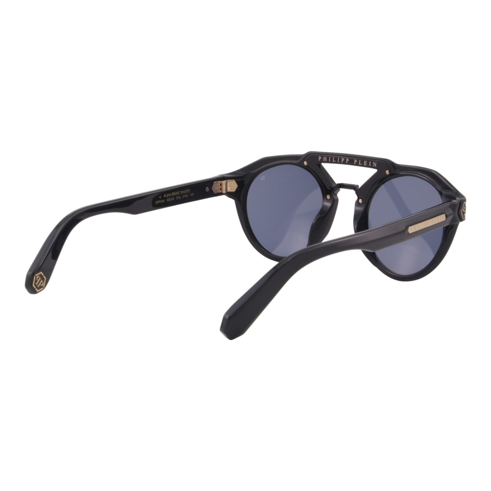 Men Designer Sunglasses SPP045M-0700 Black Full Rim Round Frame Blue Lens