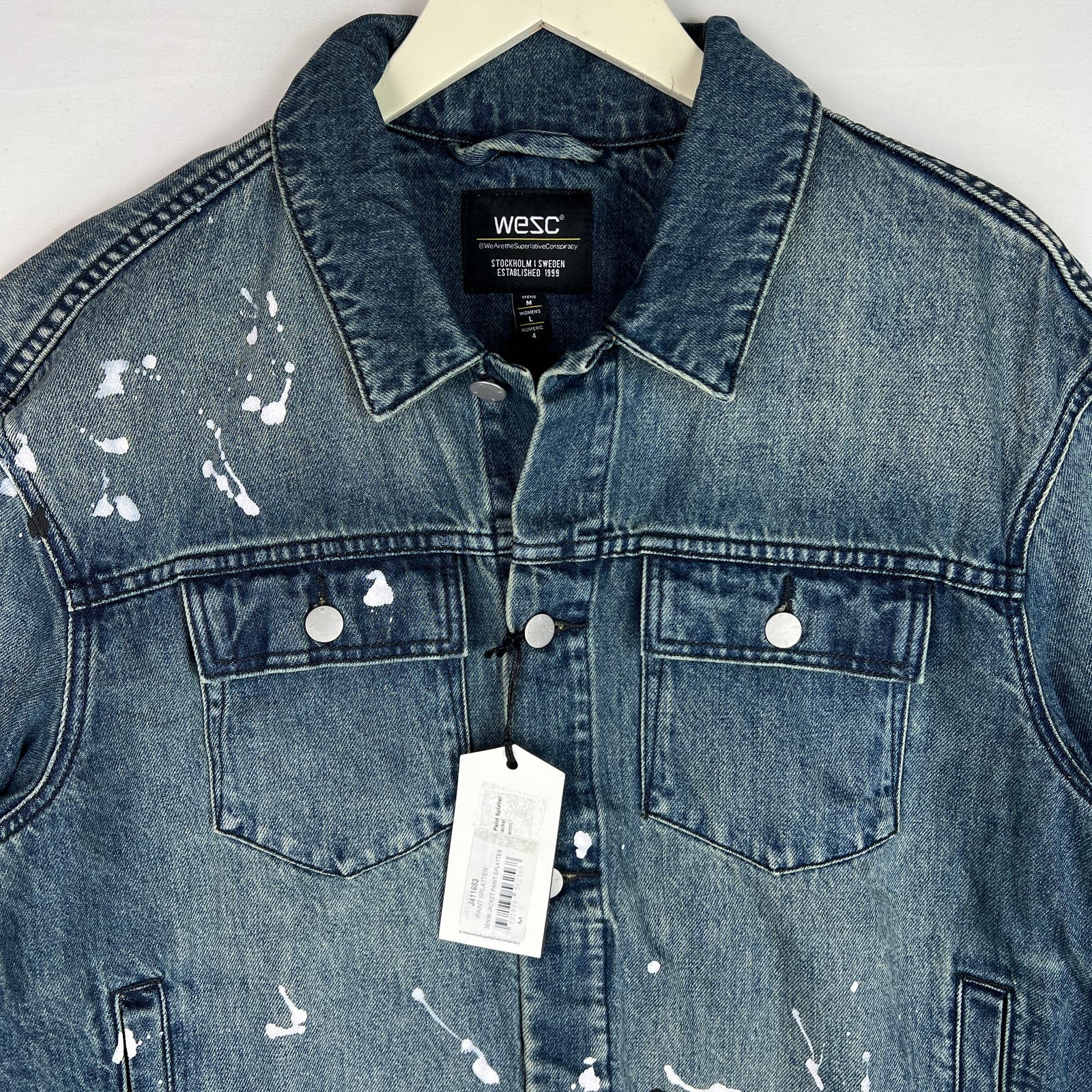 WeSC Unisex Jacket US M Men / US L Women White Paint Splatter Blue Denim
