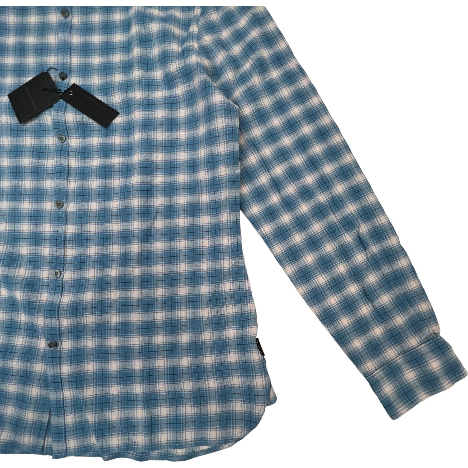 John Varvatos Men Blue White Plaid Shirt US XL Long Sleeve Button Down