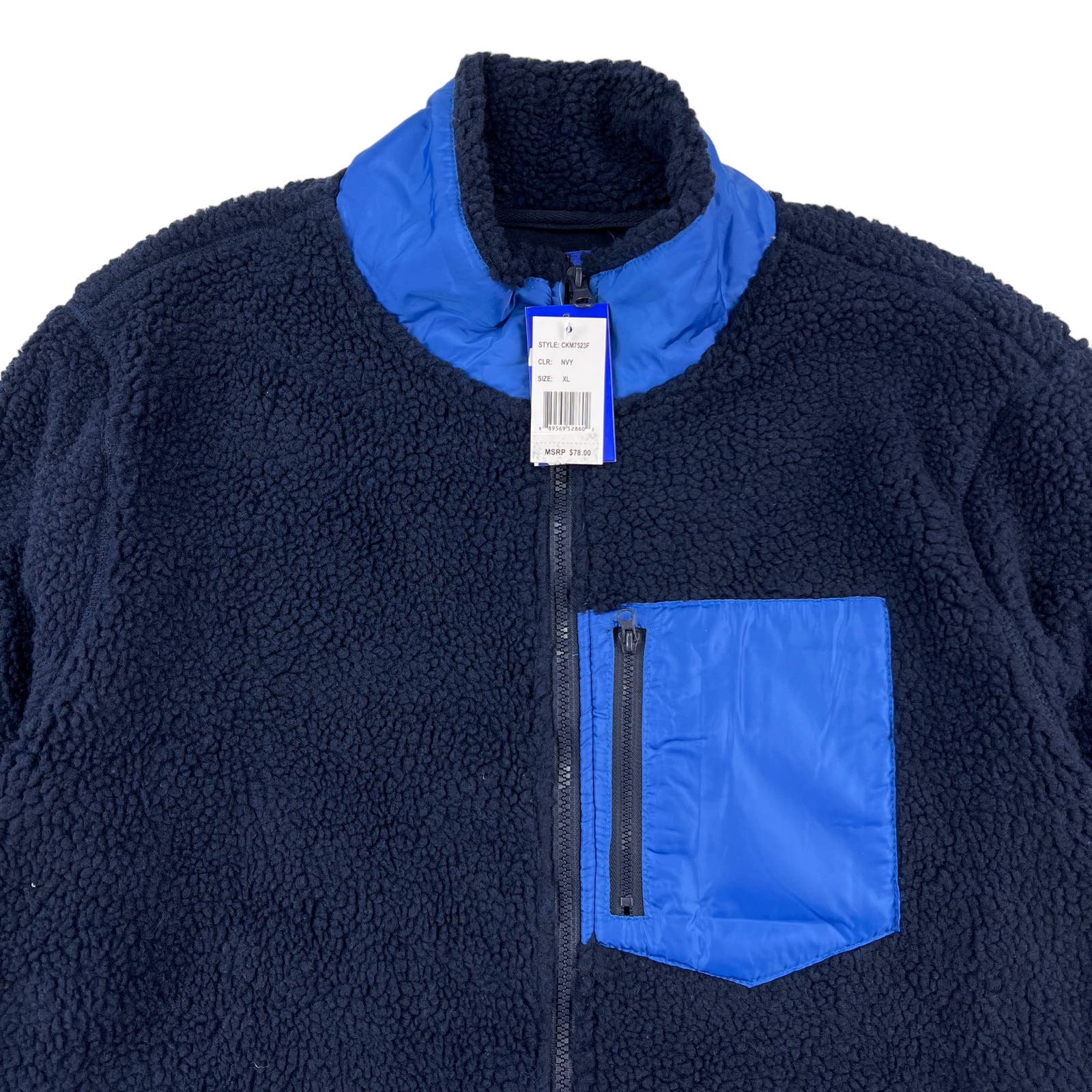Pacific & Park Men Navy Teddy Full Zip Jacket US XL Colorblocker Pocket