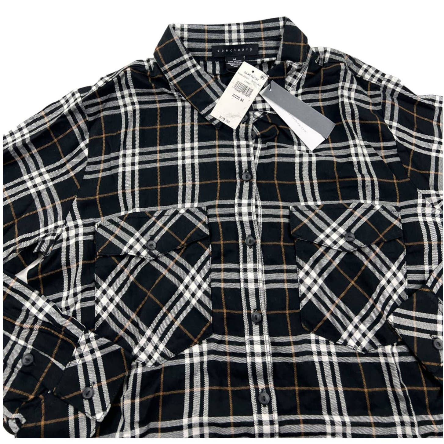 Sanctuary Men Black Plaid Shirt US M Long Sleeve Button Down