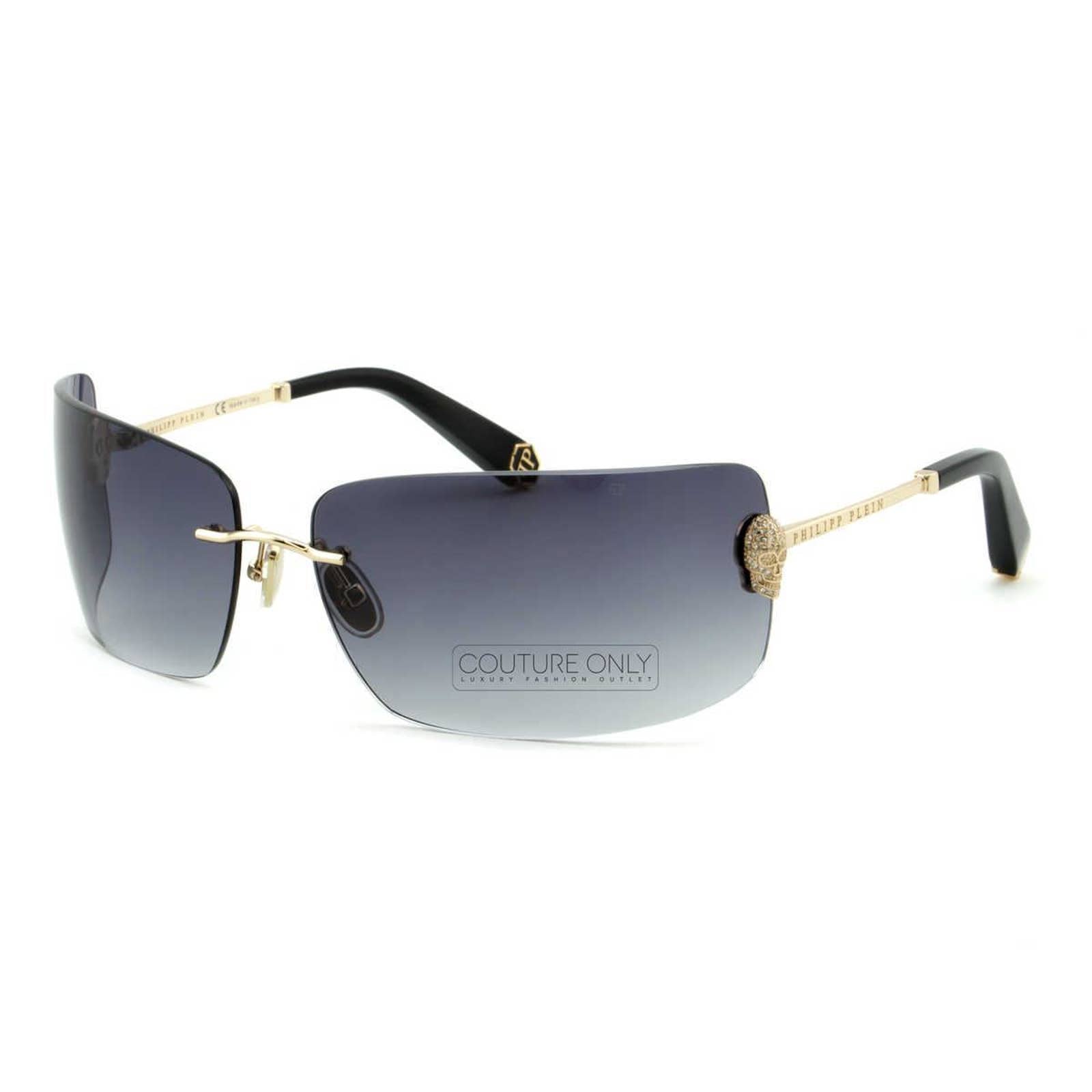 Women Titanium Rimless Sunglasses SPP027S-0300 Gray & Gold Rectangle
