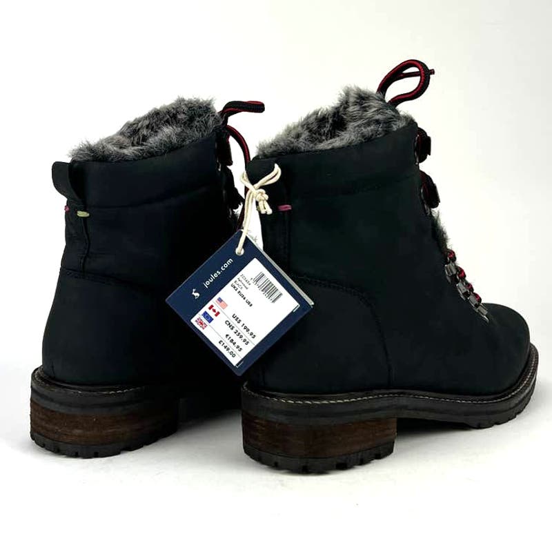 Joules Women US 5 Black Leather Faux Fur Hiking Ankle Snow Boots