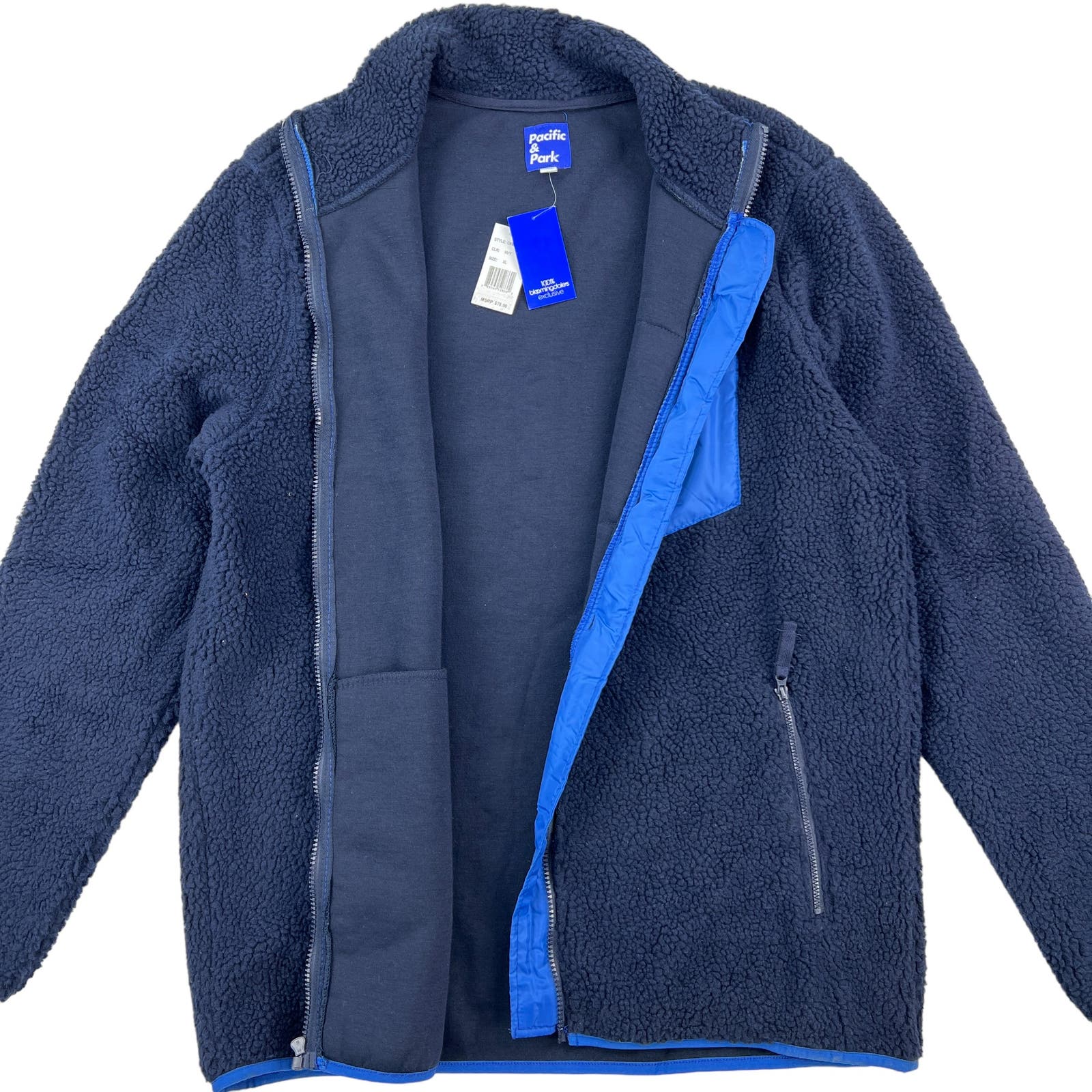 Pacific & Park Men Navy Teddy Full Zip Jacket US XL Colorblocker Pocket