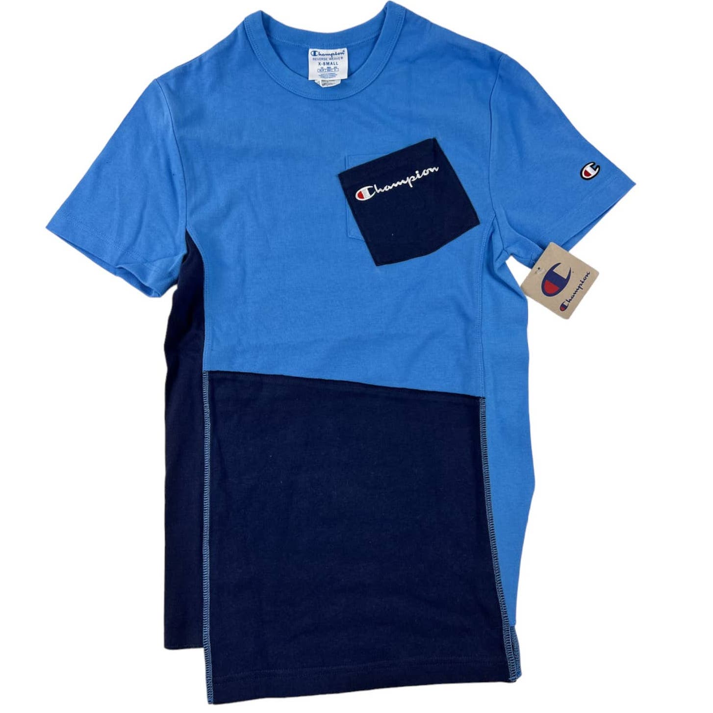 Champion Men Blue T-Shirt Crew Neck US XS Short Sleeve Asymmetrical Tee