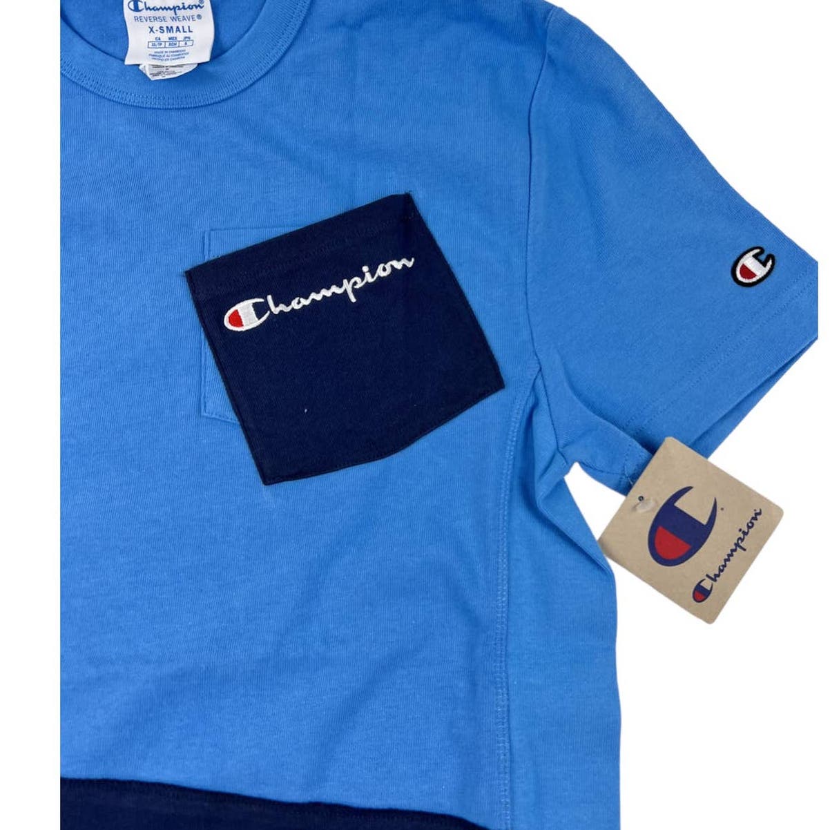 Champion Men Blue T-Shirt Crew Neck US XS Short Sleeve Asymmetrical Tee