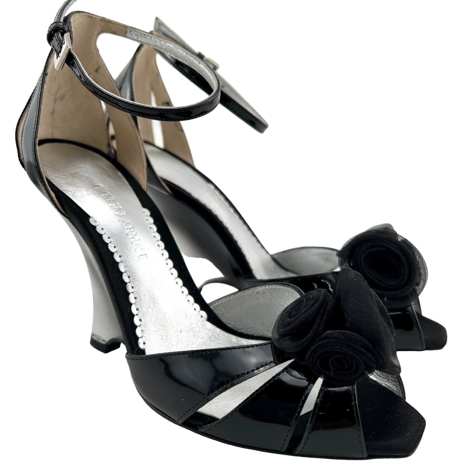 Giorgio Armani Black Leather Wedge Peep Toe Pumps Shoes
