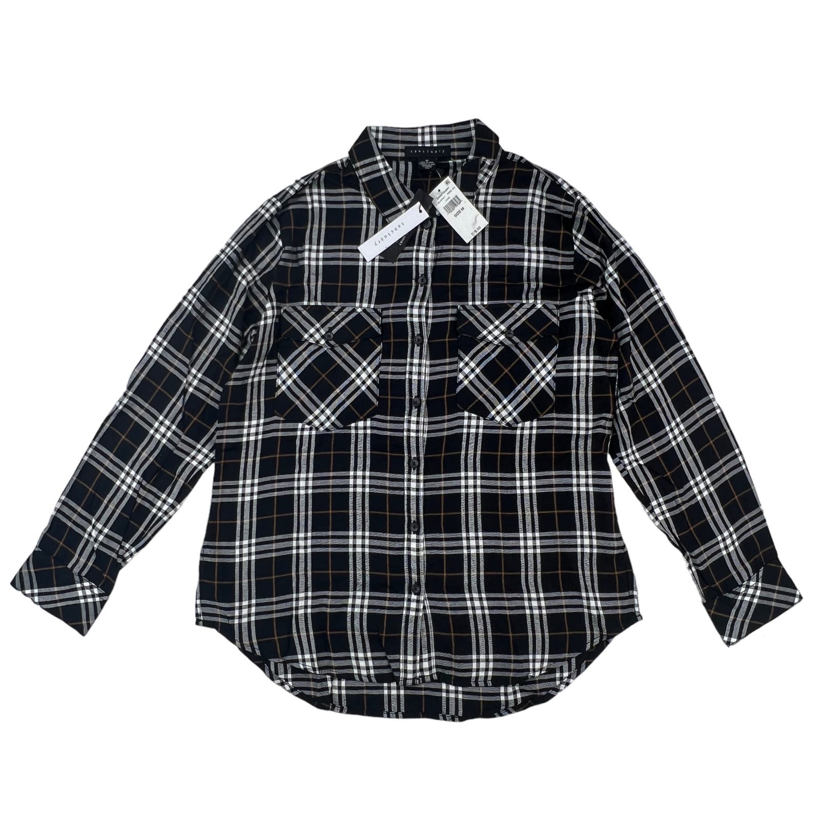 Sanctuary Men Black Plaid Shirt US M Long Sleeve Button Down