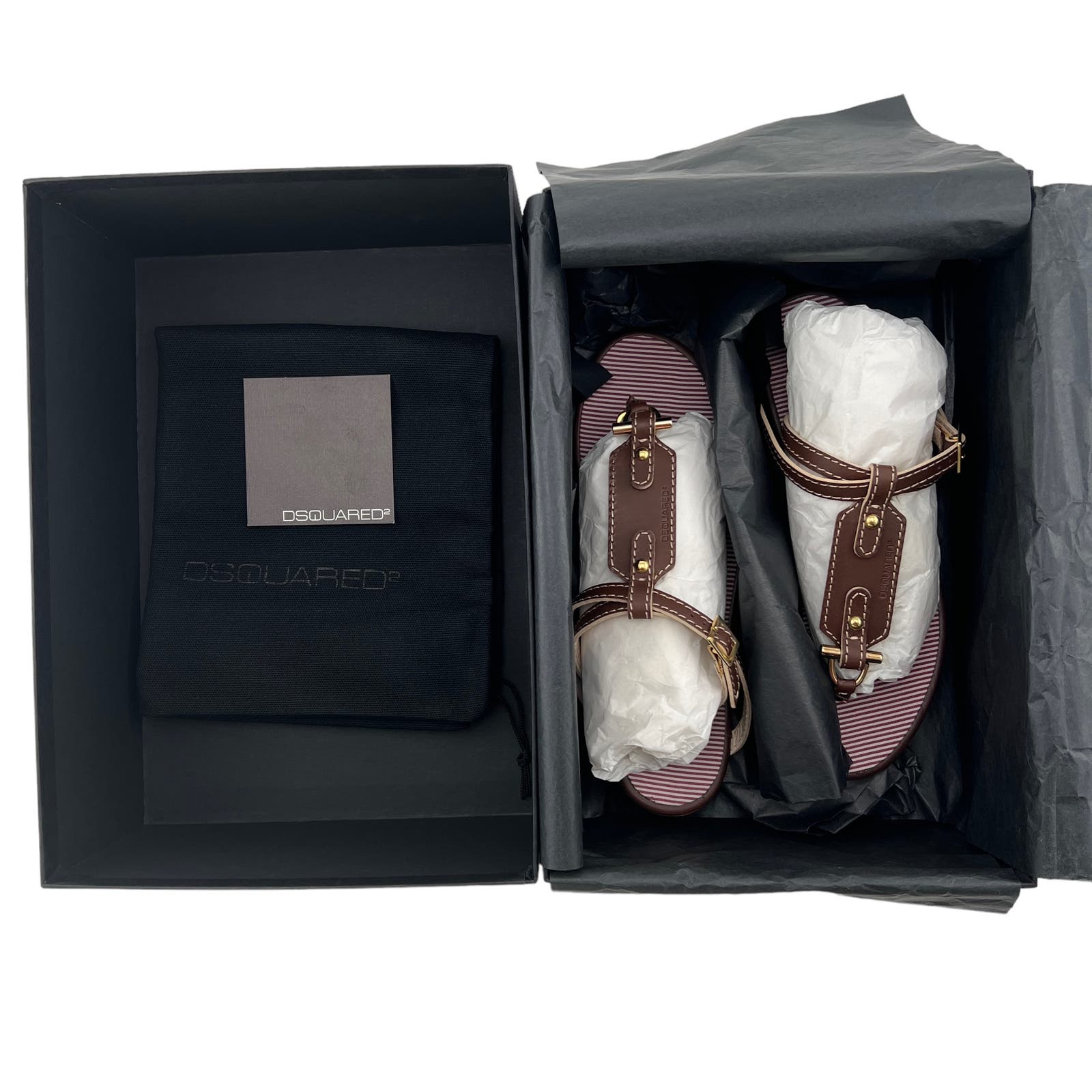Dsquared2 Women US 6 Gold Brown Leather T-Strap Flat Thong Sandals