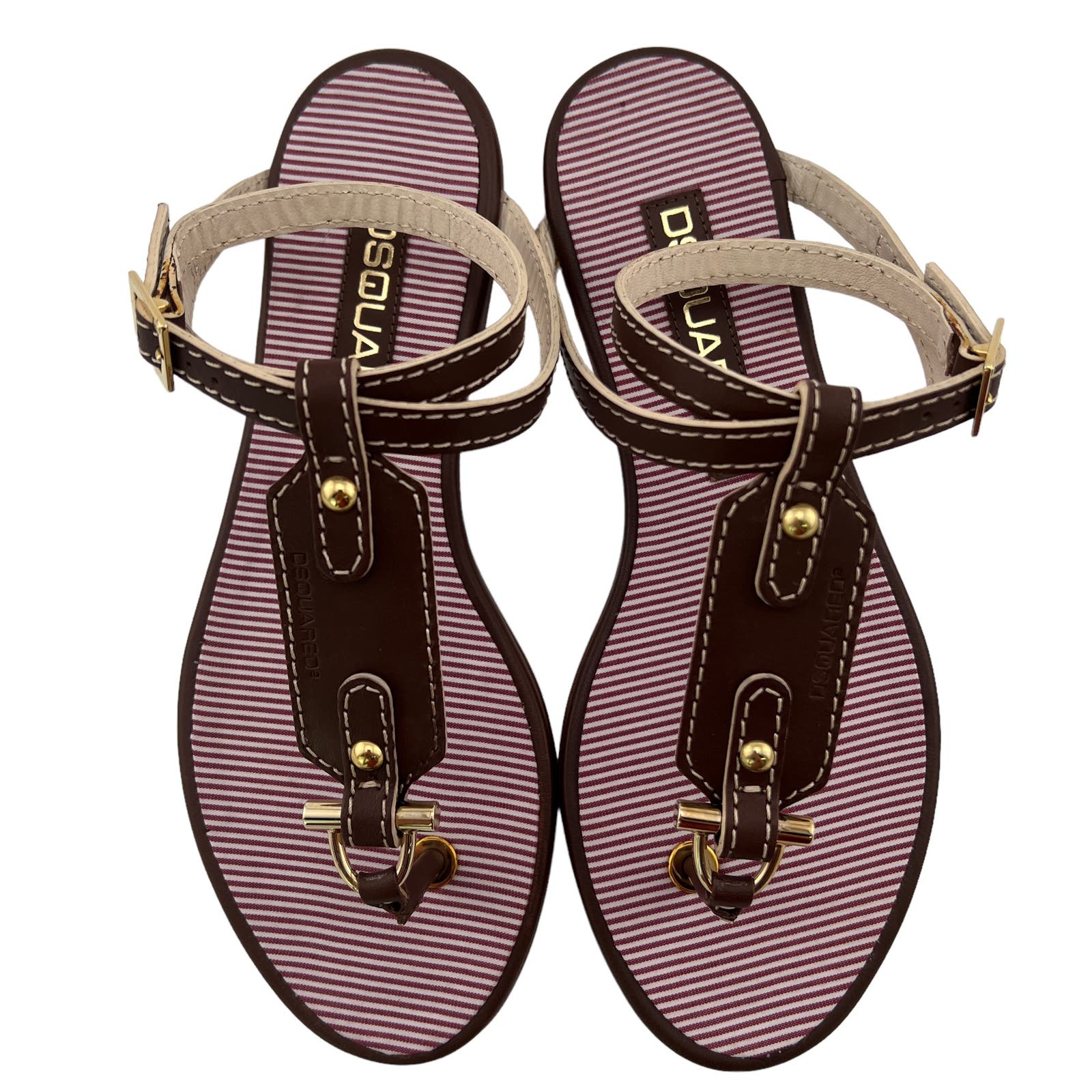 Dsquared2 Women US 6 Gold Brown Leather T-Strap Flat Thong Sandals