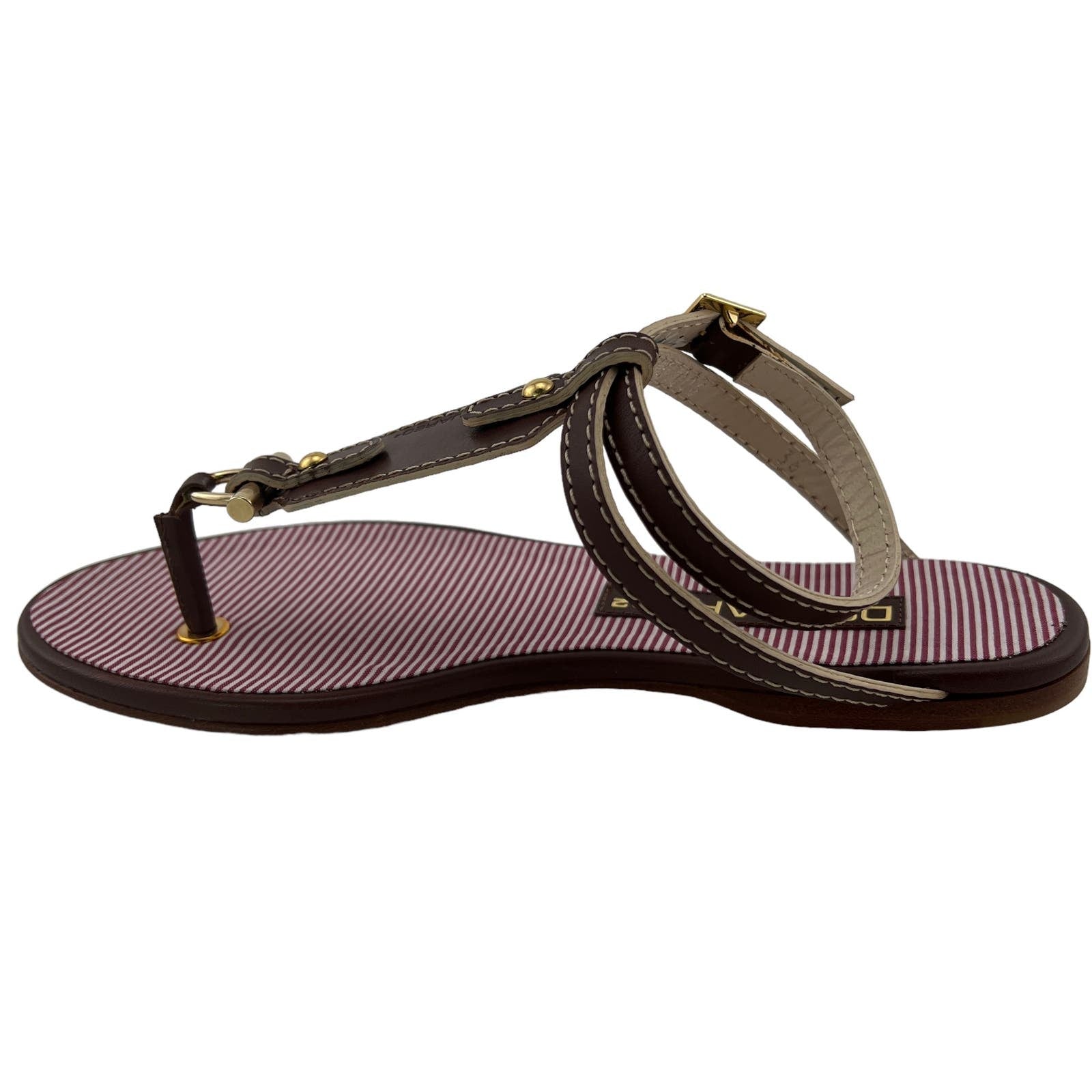 Dsquared2 Women US 6 Gold Brown Leather T-Strap Flat Thong Sandals