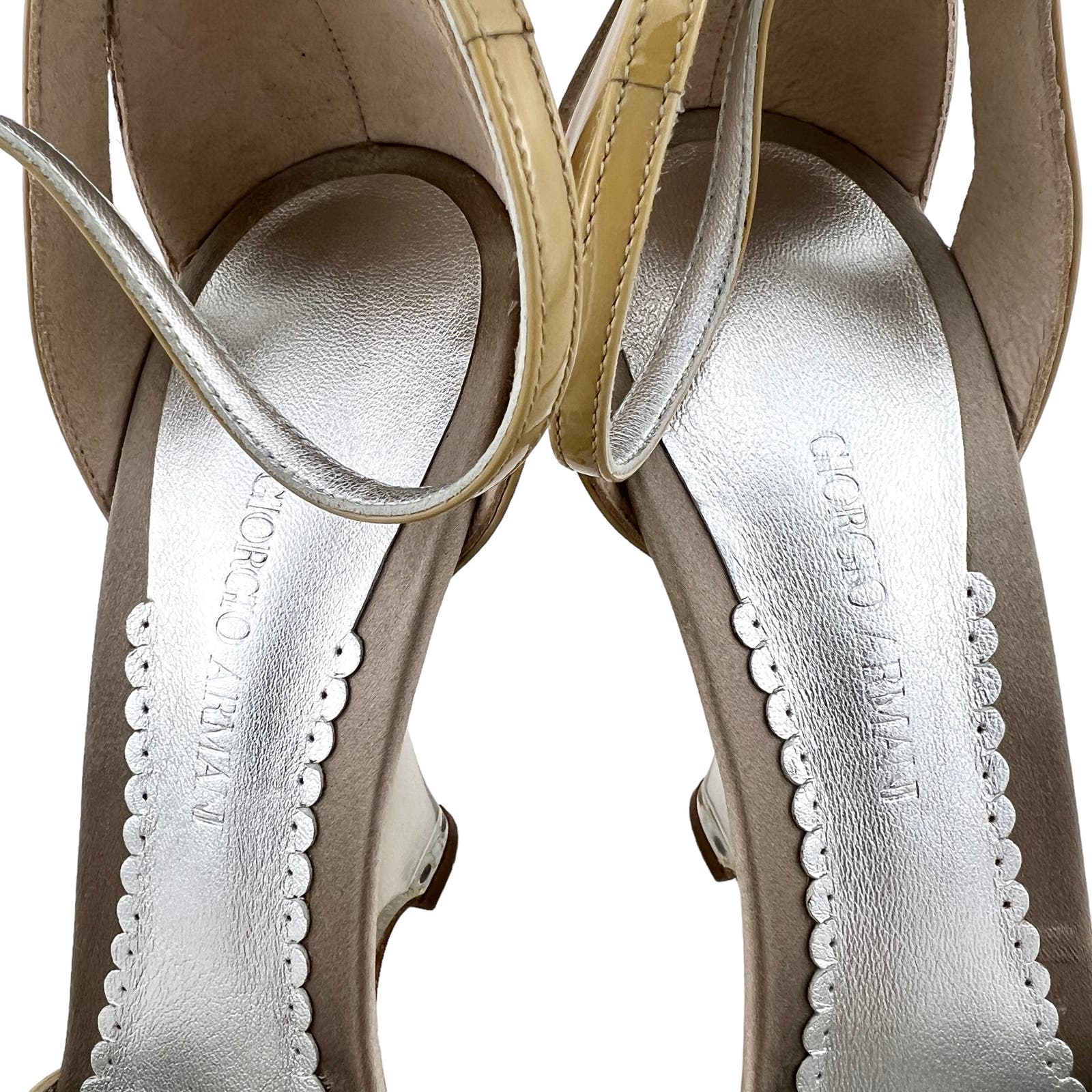 Giorgio Armani Women Nude Patent Leather Heels Slim Wedge Sandals