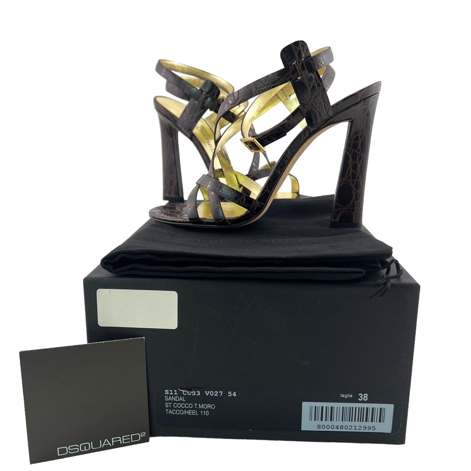 Dsquared2 US 8 Brown Crocodile Embossed Leather Slim High Heel Sandals