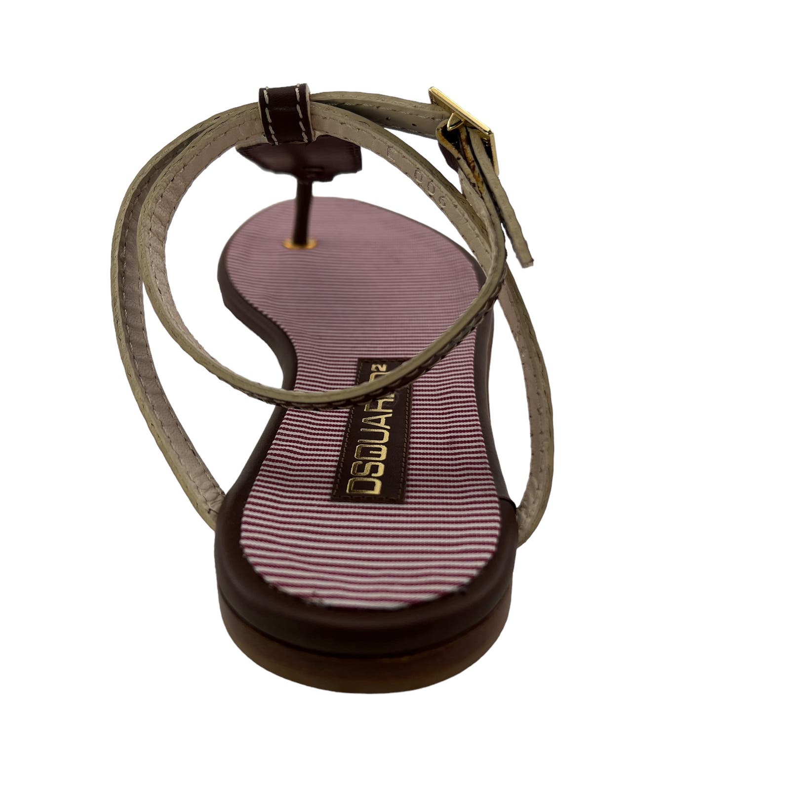 Dsquared2 Women US 6 Gold Brown Leather T-Strap Flat Thong Sandals