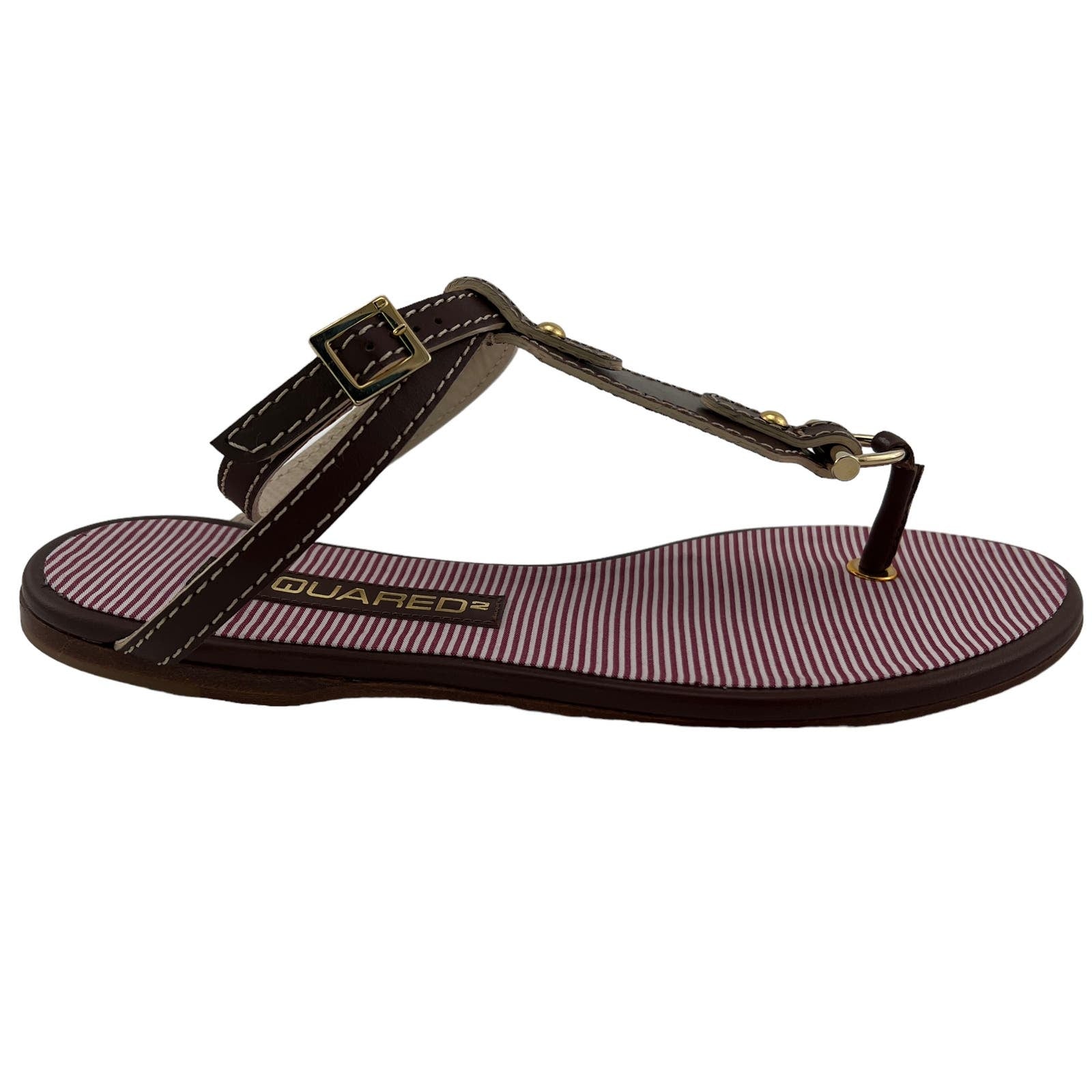 Dsquared2 Women US 6 Gold Brown Leather T-Strap Flat Thong Sandals