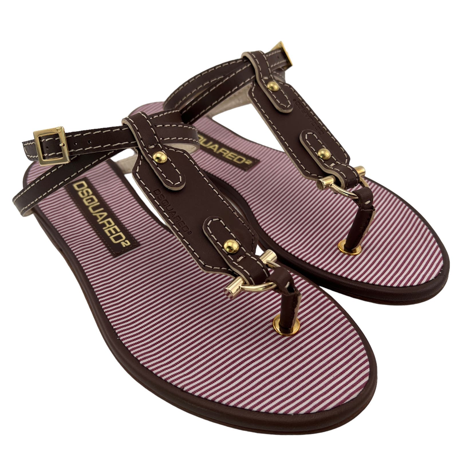 Dsquared2 Women US 6 Gold Brown Leather T-Strap Flat Thong Sandals