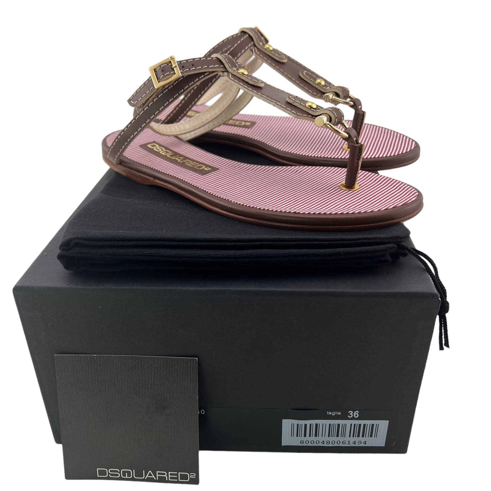 Dsquared2 Women US 6 Gold Brown Leather T-Strap Flat Thong Sandals