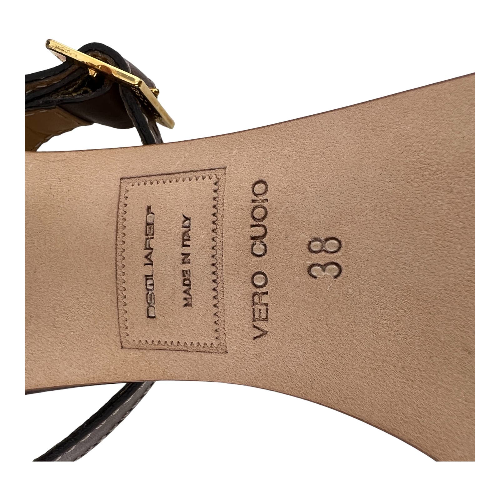 DSQUARED2 Women US 8 Brown Gold Leather Block Heel Ankle Strap