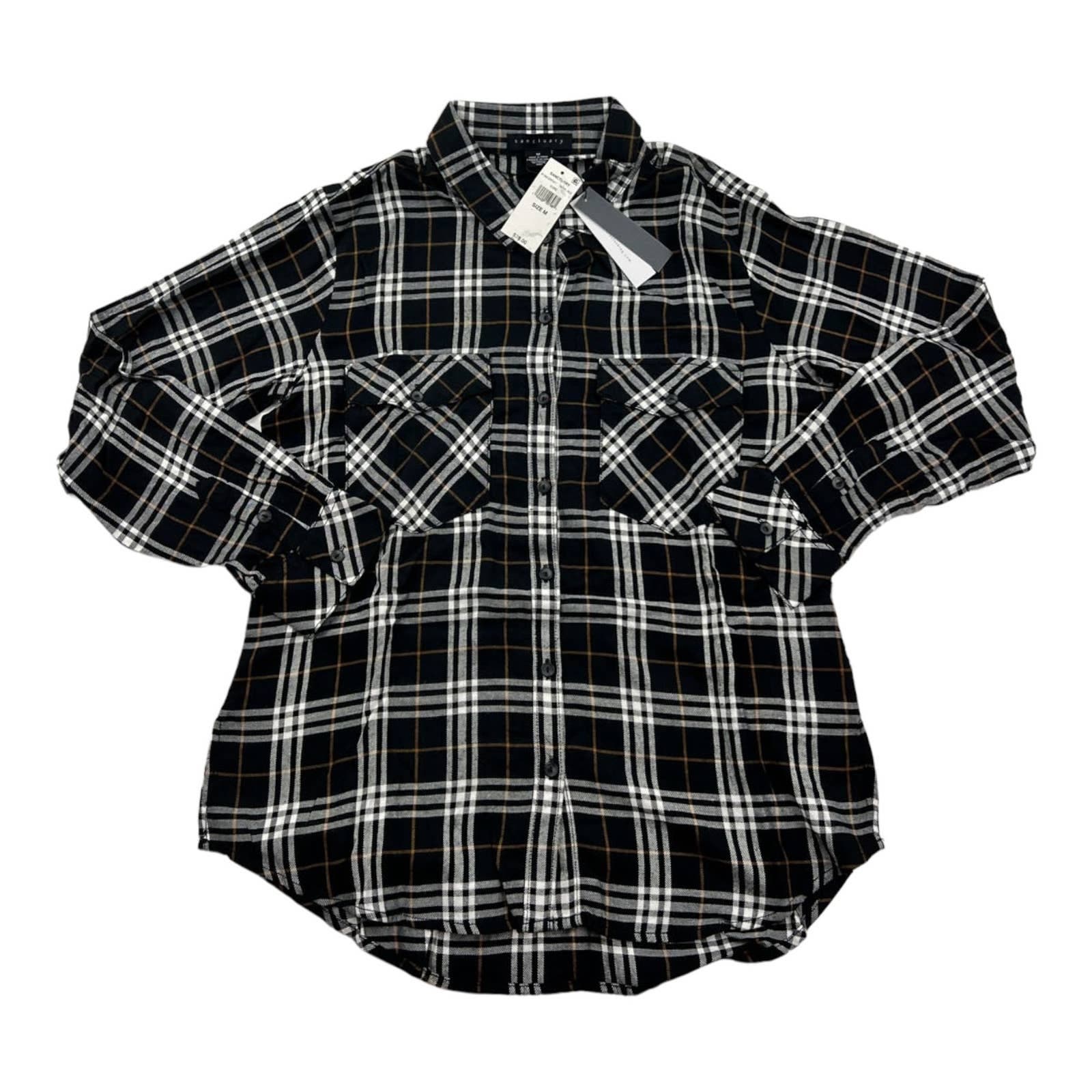 Sanctuary Men Black Plaid Shirt US M Long Sleeve Button Down