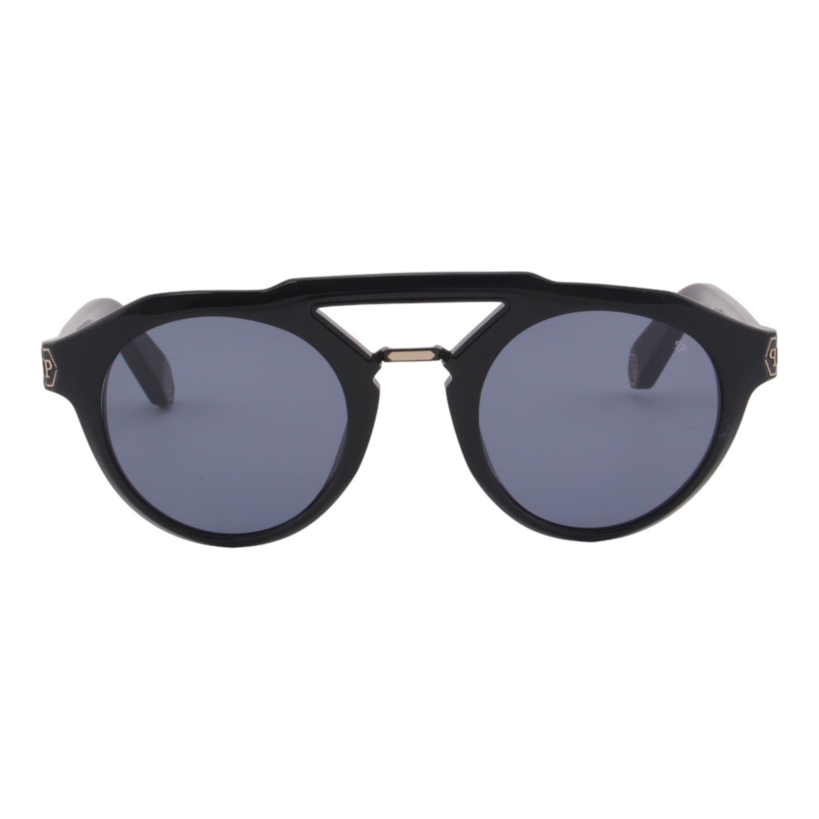 Men Designer Sunglasses SPP045M-0700 Black Full Rim Round Frame Blue Lens